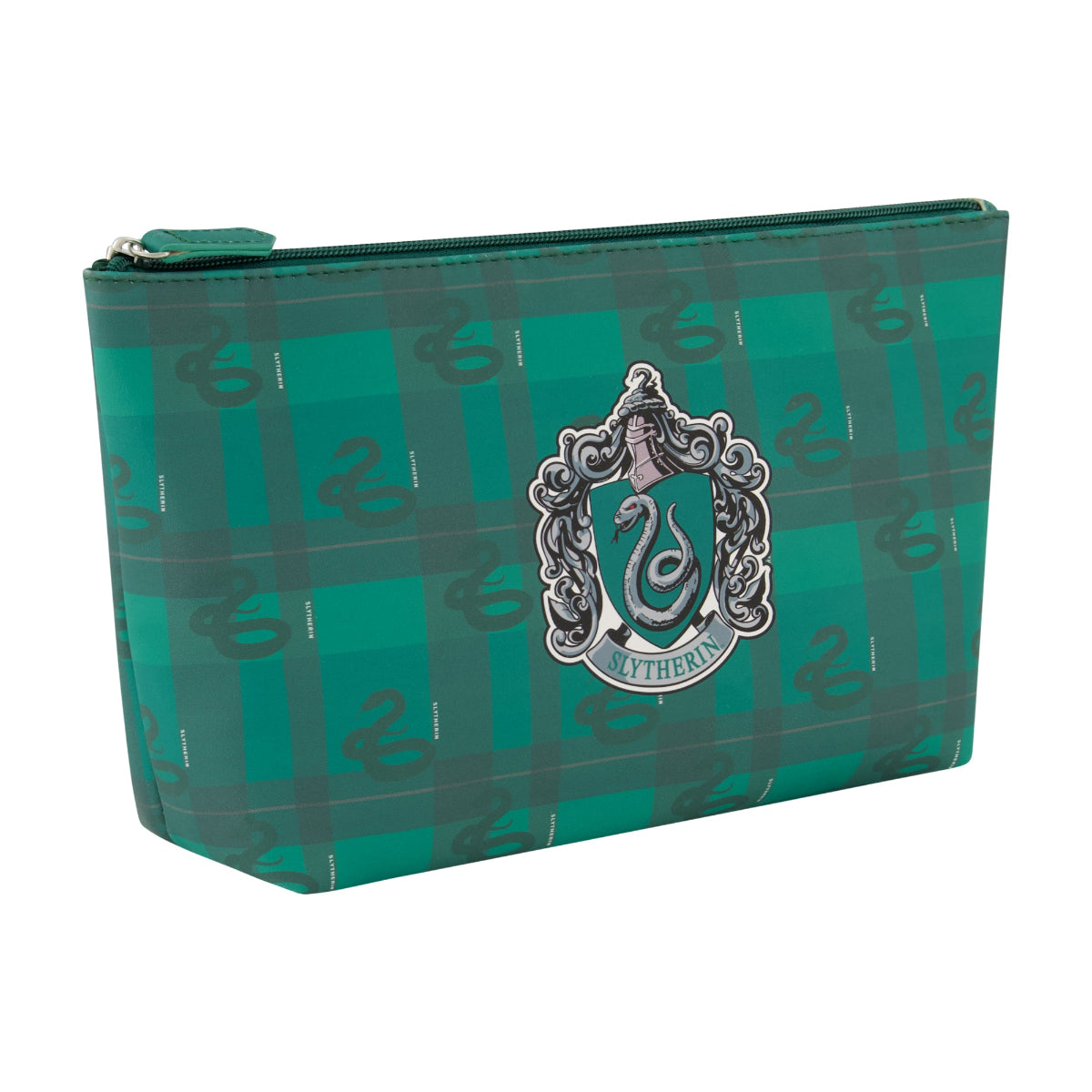 officially licensed Harry Potter cosmetic travel bag featuring a green plaid pattern adorned with the Slytherin crest and house emblem