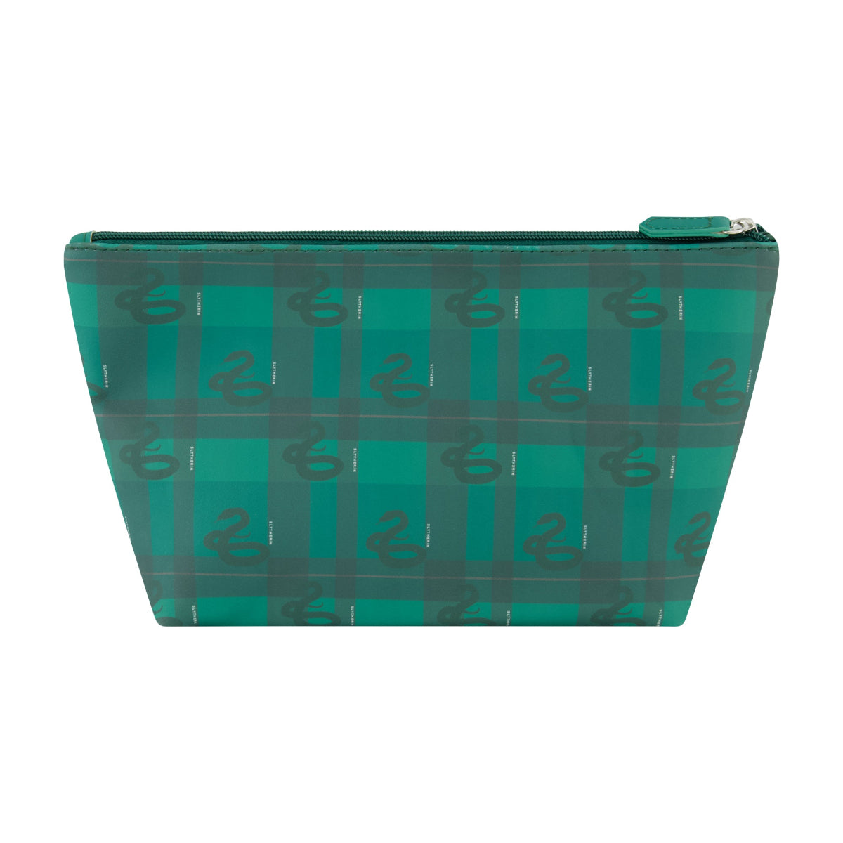 officially licensed Harry Potter cosmetic travel bag featuring a green plaid pattern adorned with the Slytherin crest and house emblem