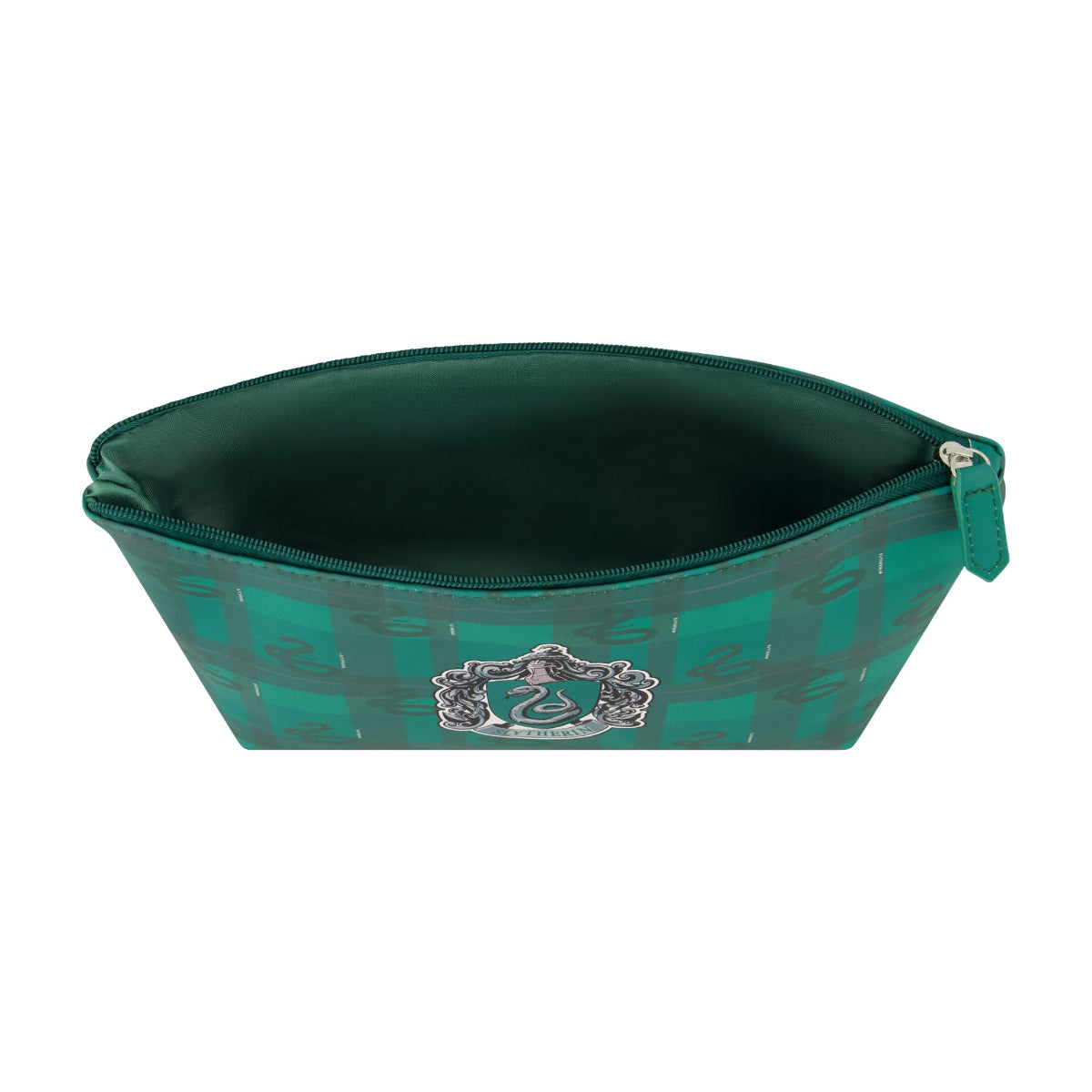 officially licensed Harry Potter cosmetic travel bag featuring a green plaid pattern adorned with the Slytherin crest and house emblem