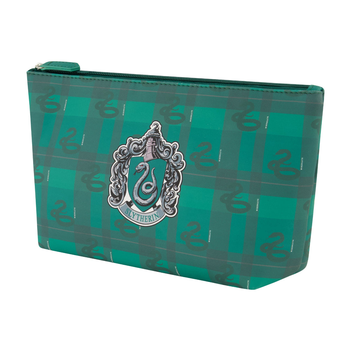 officially licensed Harry Potter cosmetic travel bag featuring a green plaid pattern adorned with the Slytherin crest and house emblem