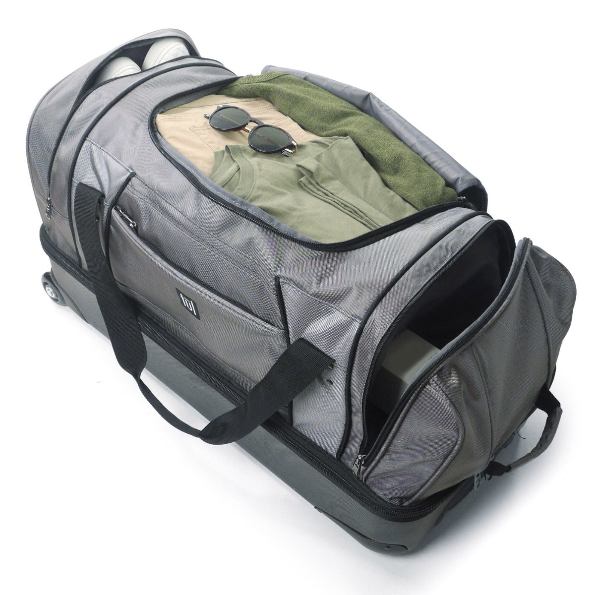 Workhorse 30" Split Level Grey FŪL Rolling Duffel Bag open top sides duffle