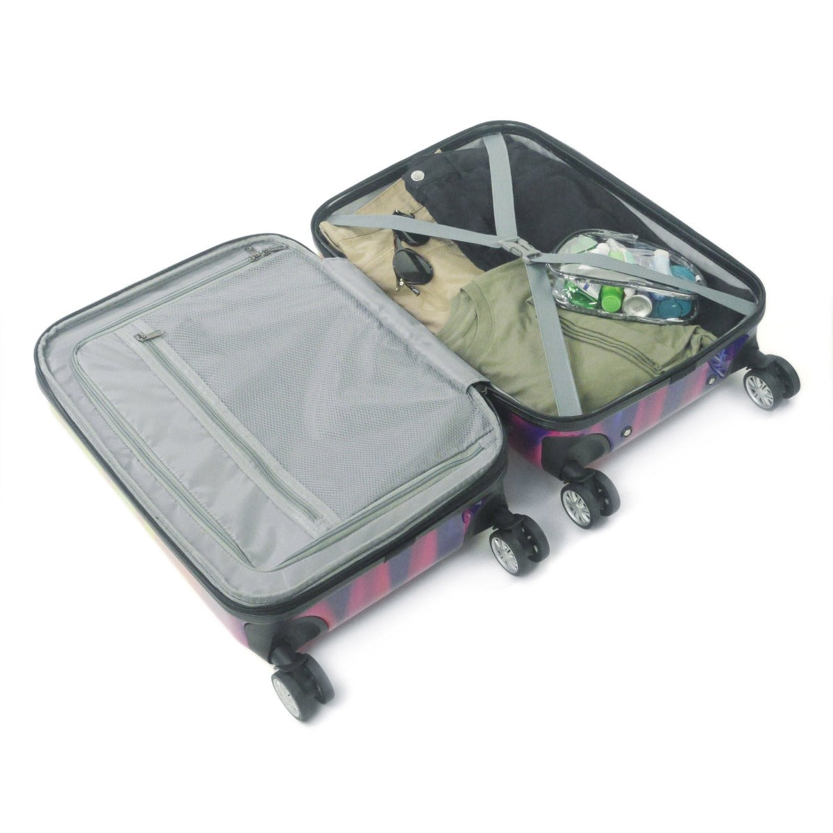 Tie dye Rainbow Swirl Suitcase Ful Hard sided 3 Pc Rolling Spinner Luggage Set 22" 24" 28" On Sale $50 off Interior