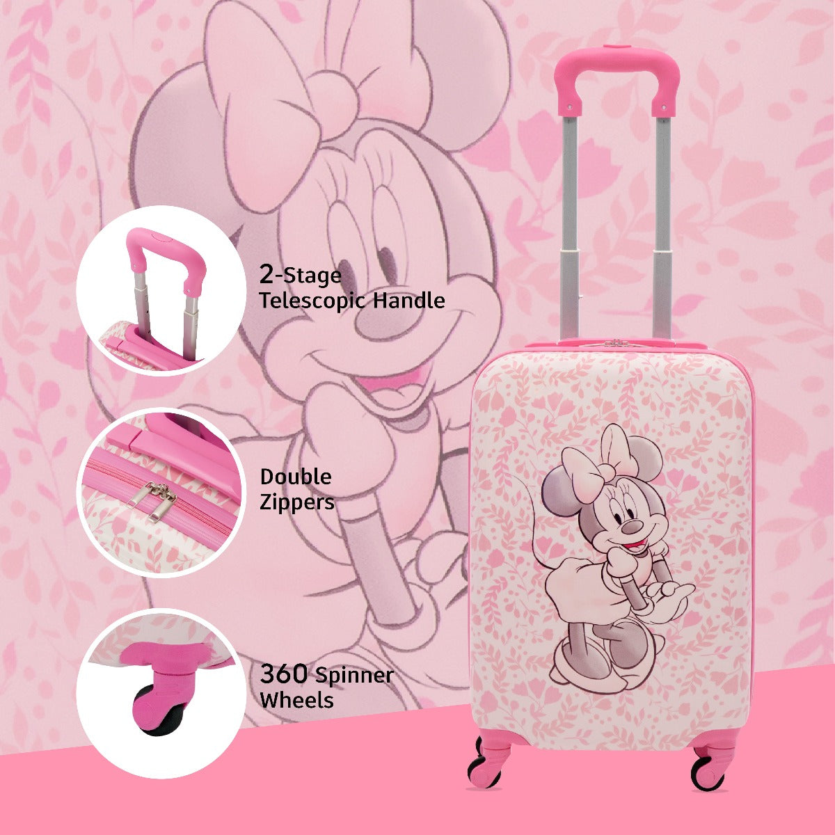 Disney Ful Minnie Mouse Floral Pink Hardside Spinner Suitcase - 20.5 Kids Carry On Luggage