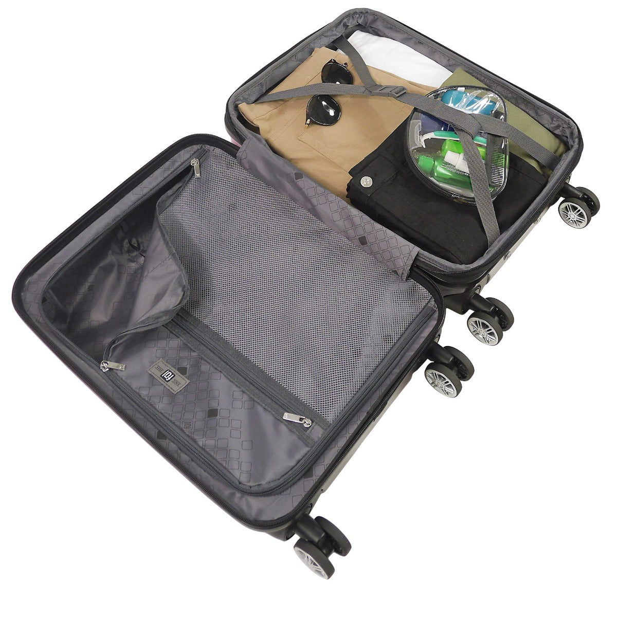 Ful spinner suitcase with compression straps & interior organizing zip sections