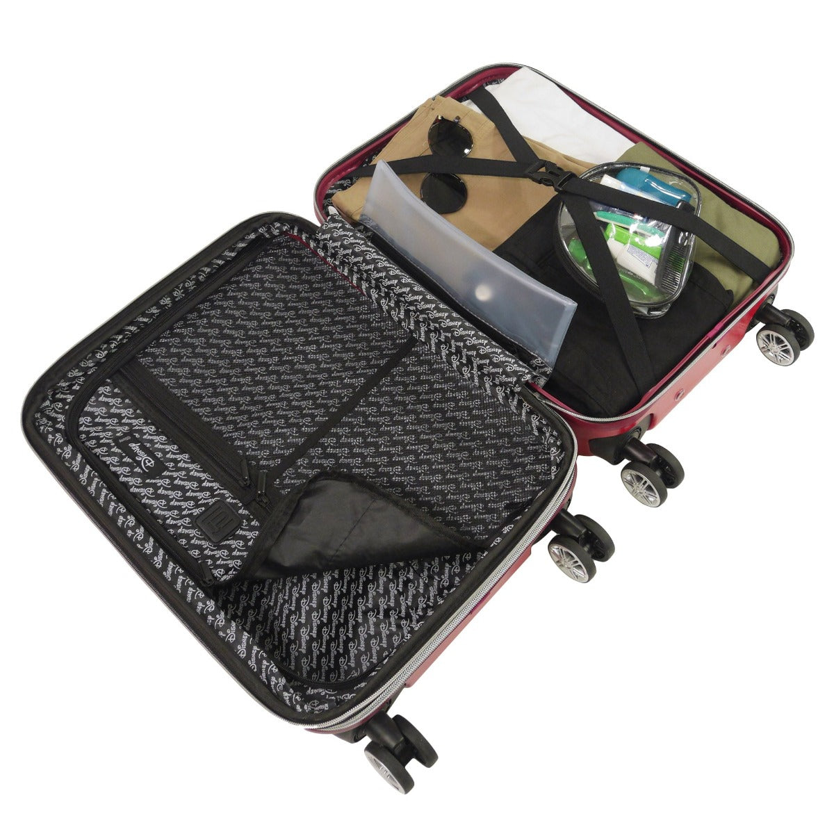 Disney Spinner Luggage by Ful with interior compression straps and zip sections for easy organization