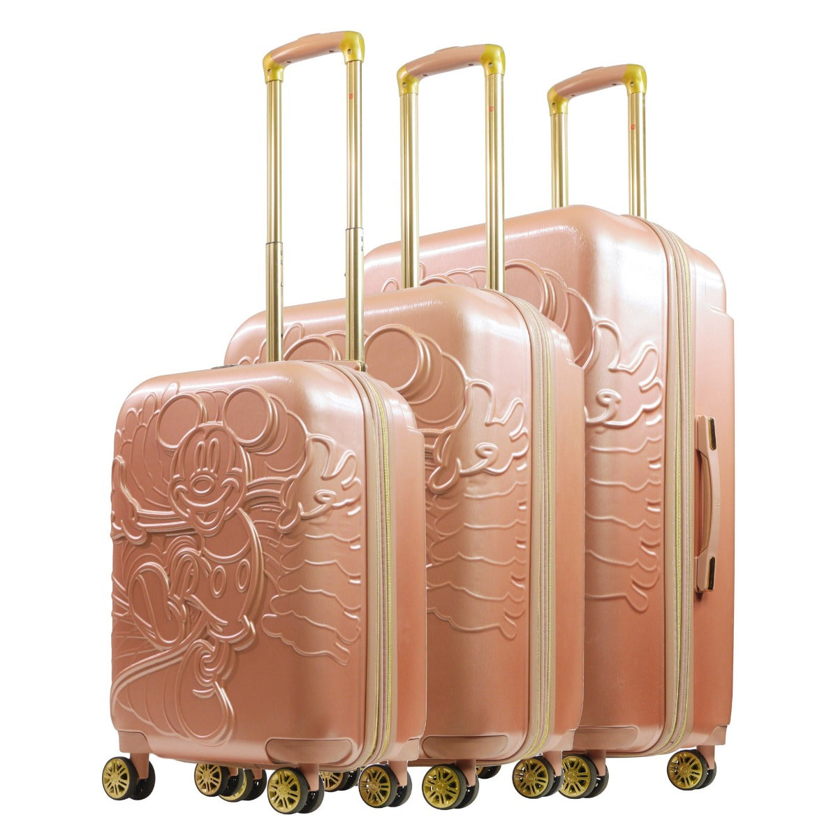 Disney Running Mickey Mouse 3 piece Luggage Hardsided Spinner Suitcase Set Rose Gold 22 inch 26 inch 30.5 inch