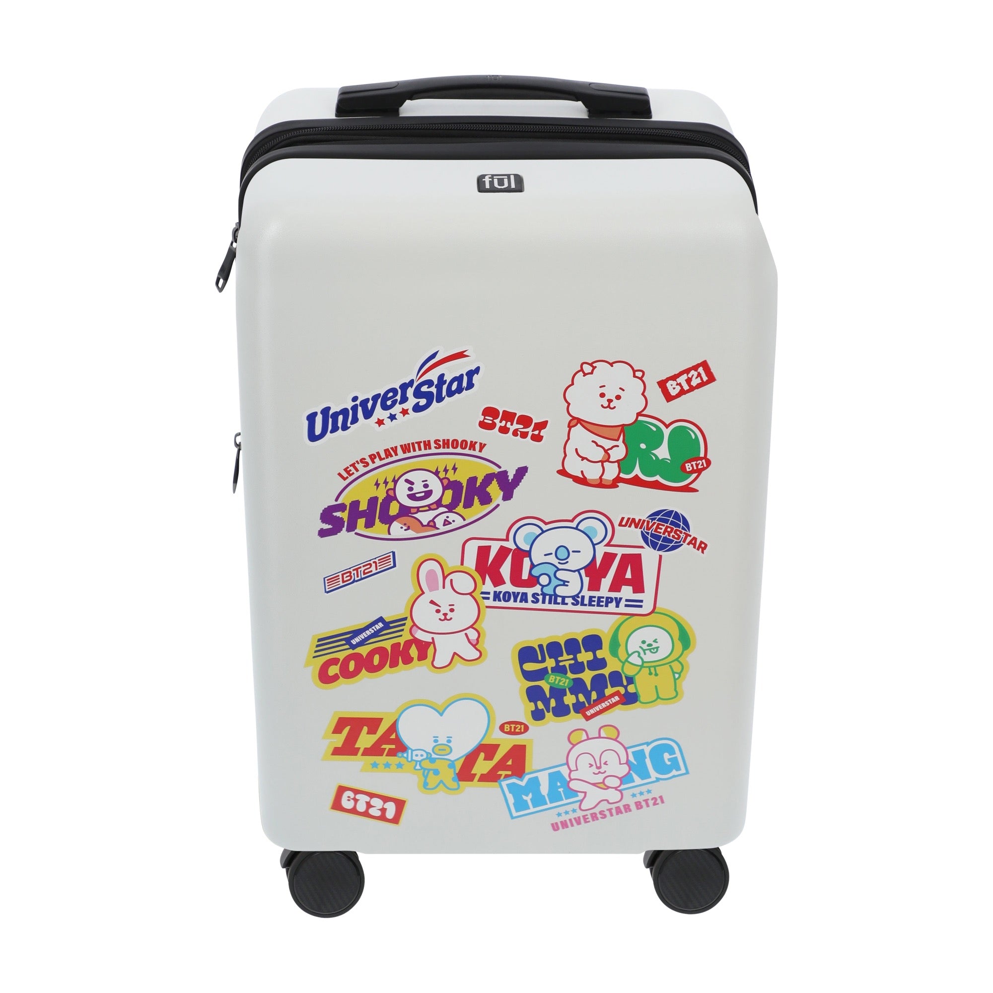 White BT21 22.5" carry-on spinner suitcase rolling luggage by Ful