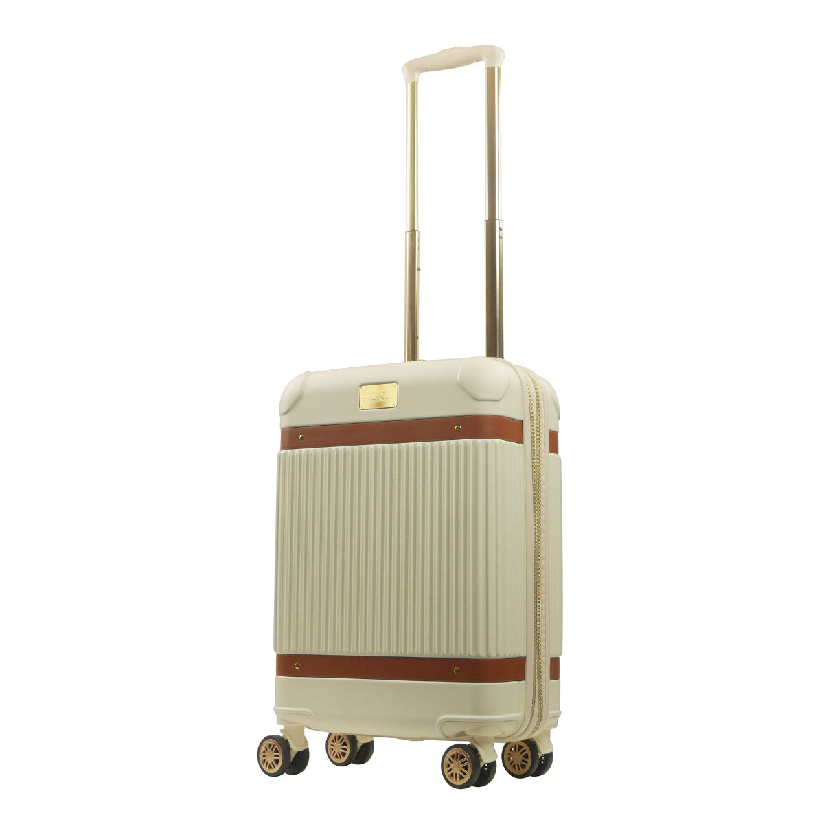 Beige striped 22.5-inch carry-on hardside expandable luggage durable, fast and effort-free transportation with 360° spinner wheels. Officially licensed Tommy Bahama. Angled.