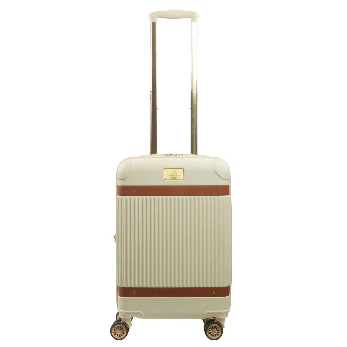 Beige striped 22.5-inch carry-on hardside expandable luggage durable, fast and effort-free transportation with 360° spinner wheels. Officially licensed Tommy Bahama. Back view.