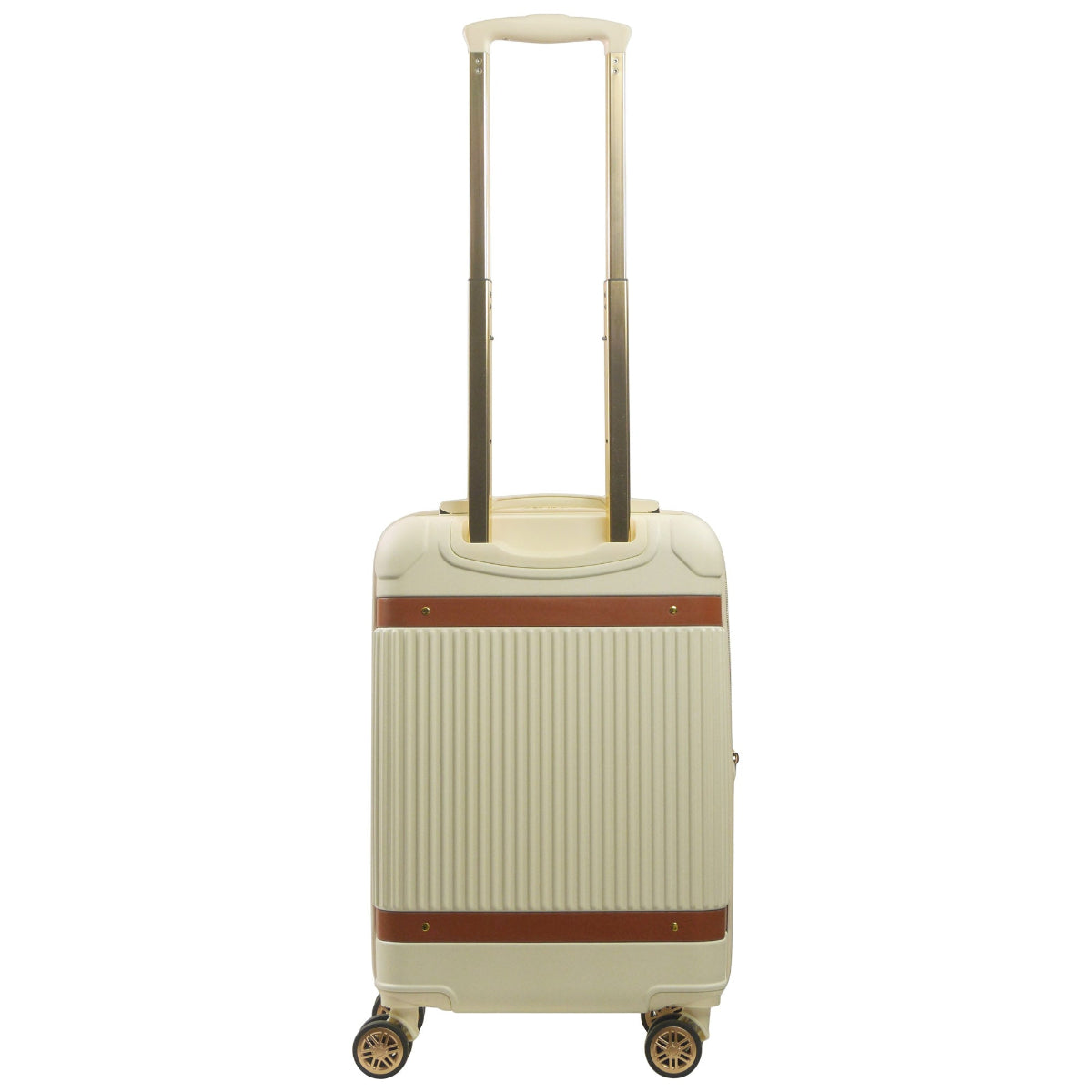 Beige striped 22.5-inch carry-on hardside expandable luggage durable, fast and effort-free transportation with 360° spinner wheels. Officially licensed Tommy Bahama. Back.