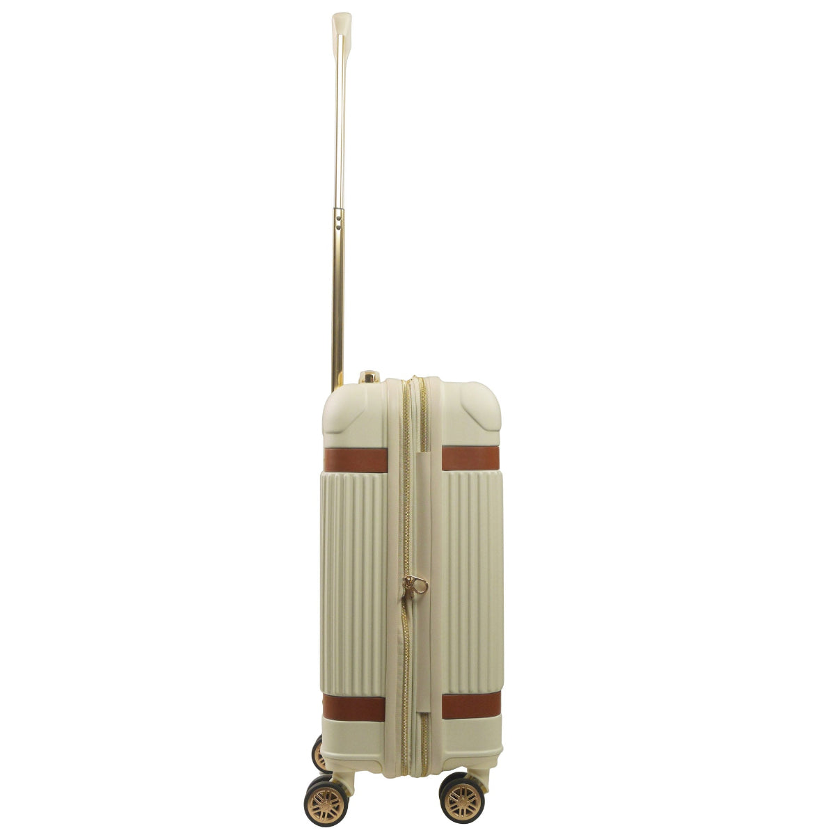 Beige striped 22.5-inch carry-on hardside expandable luggage durable, fast and effort-free transportation with 360° spinner wheels. Officially licensed Tommy Bahama. Side view.