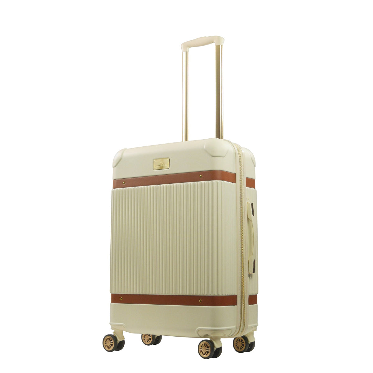 Beige striped 26.5-inch carry-on hardside expandable luggage durable, fast and effort-free transportation with 360° spinner wheels. Officially licensed Tommy Bahama. Angled.