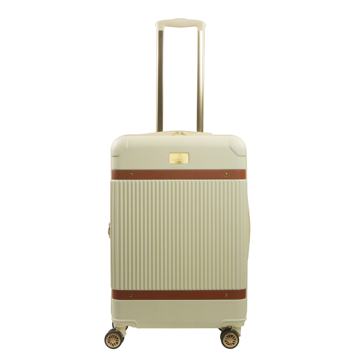 Beige striped 26.5-inch carry-on hardside expandable luggage durable, fast and effort-free transportation with 360° spinner wheels. Officially licensed Tommy Bahama. Back view.