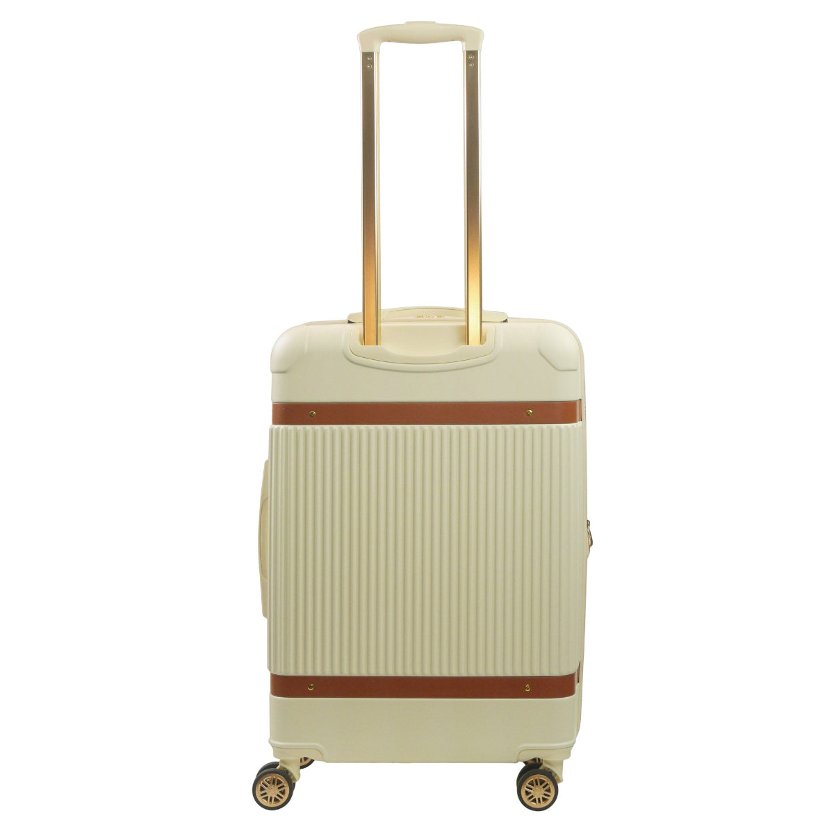 Beige striped 26.5-inch carry-on hardside expandable luggage durable, fast and effort-free transportation with 360° spinner wheels. Officially licensed Tommy Bahama. Back.