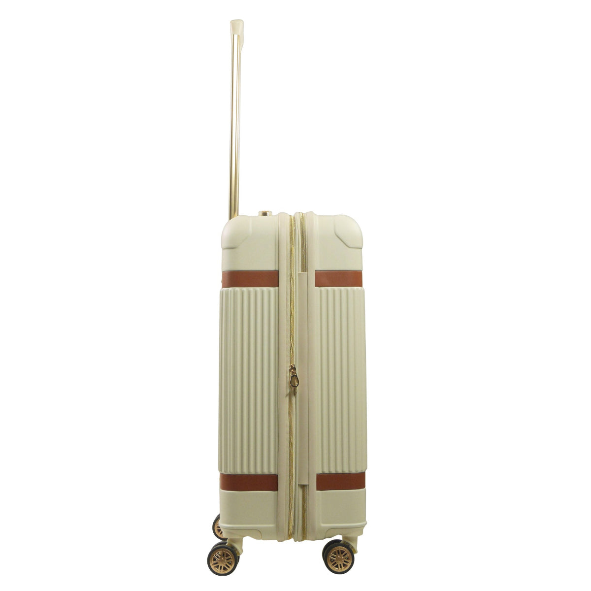 Beige striped 26.5-inch carry-on hardside expandable luggage durable, fast and effort-free transportation with 360° spinner wheels. Officially licensed Tommy Bahama. Side view.