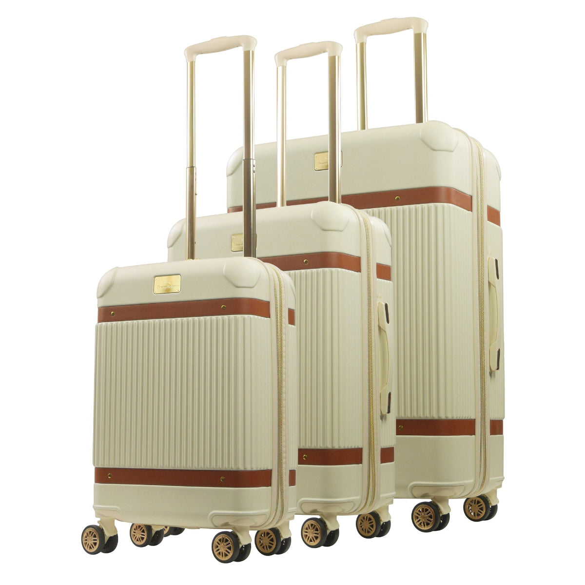 Beige striped 3-piece carry-on hard-sided expandable luggage suitcase set durable, fast and effort-free transportation with 360° spinner wheels. Officially licensed Tommy Bahama. Angled.