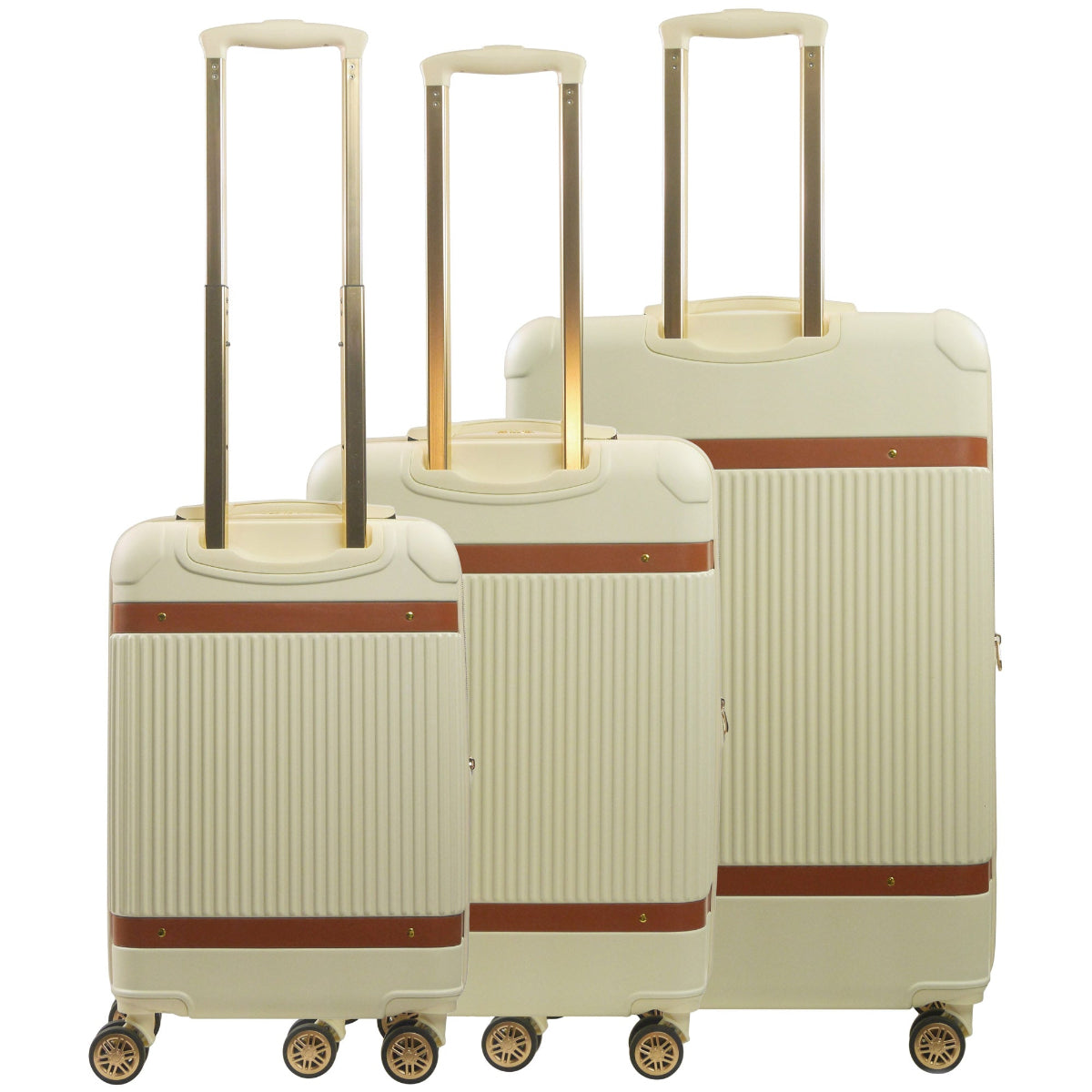 Beige striped 3-piece carry-on hard-sided expandable luggage suitcase set durable, fast and effort-free transportation with 360° spinner wheels. Officially licensed Tommy Bahama. Back.