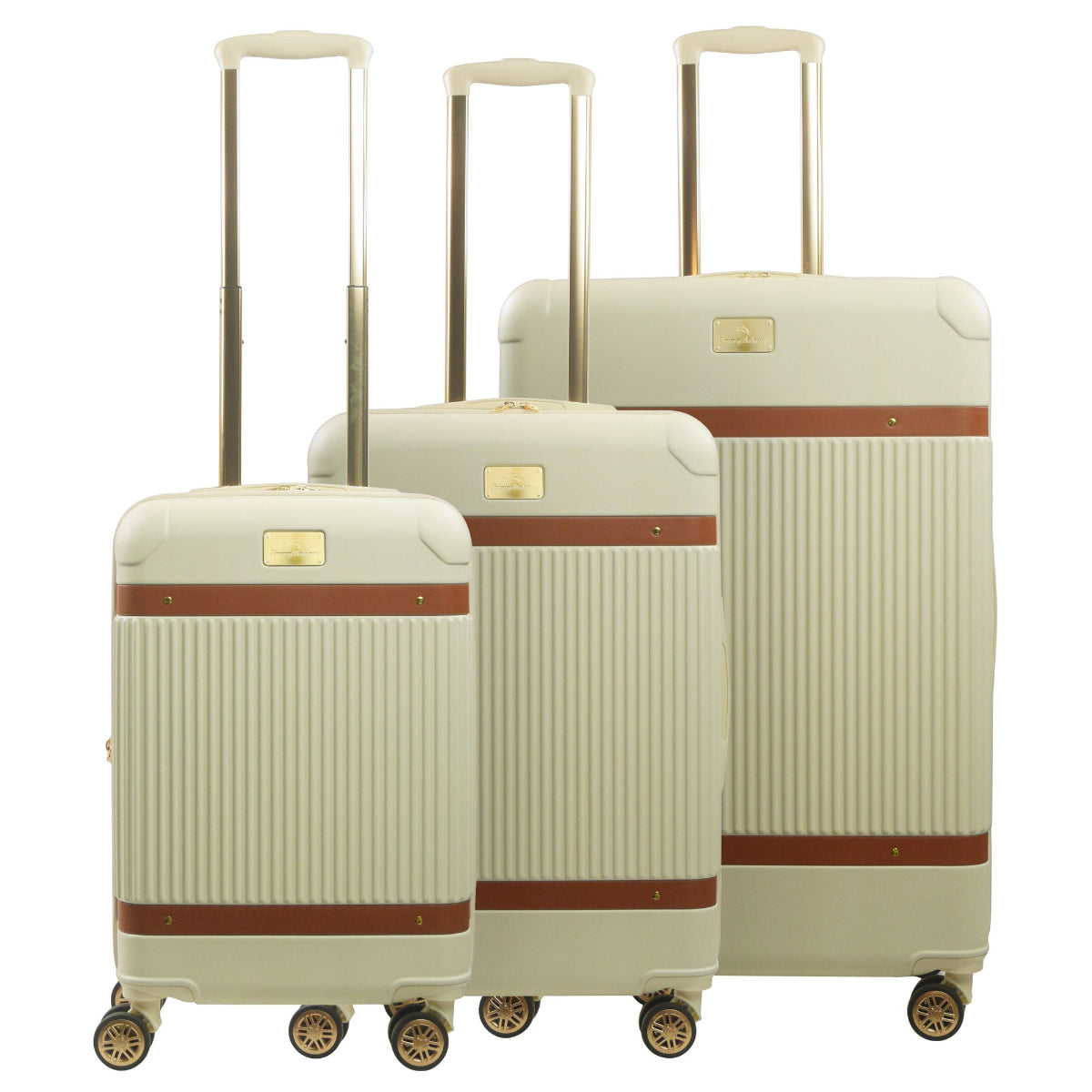 Beige striped 3-piece carry-on hard-sided expandable luggage suitcase set durable, fast and effort-free transportation with 360° spinner wheels. Officially licensed Tommy Bahama. Front.