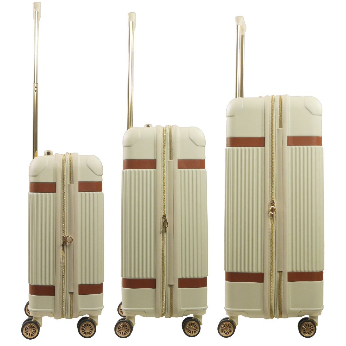 Beige striped 3-piece carry-on hard-sided expandable luggage suitcase set durable, fast and effort-free transportation with 360° spinner wheels. Officially licensed Tommy Bahama. Side view.