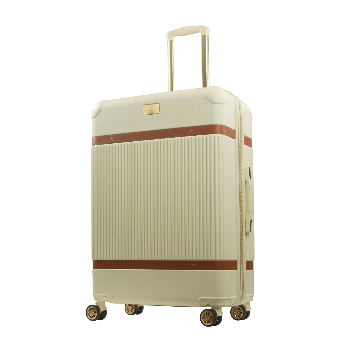 Beige striped 30.5-inch carry-on hardside expandable luggage durable, fast and effort-free transportation with 360° spinner wheels. Officially licensed Tommy Bahama. Angled.