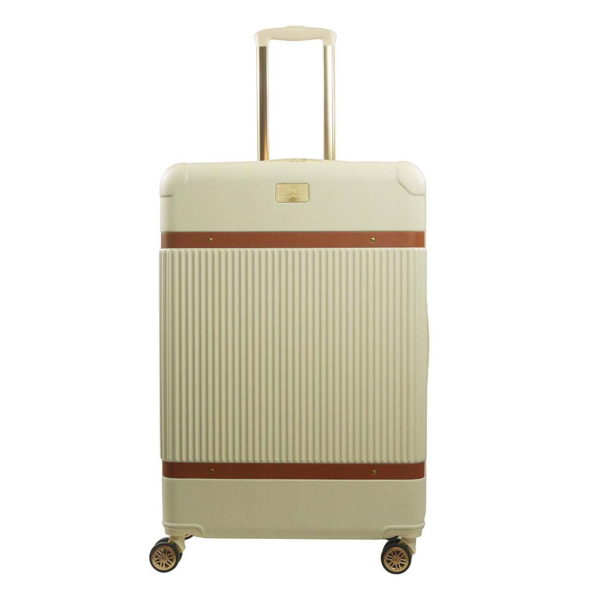 Beige striped 30.5-inch carry-on hardside expandable luggage durable, fast and effort-free transportation with 360° spinner wheels. Officially licensed Tommy Bahama. Back view.