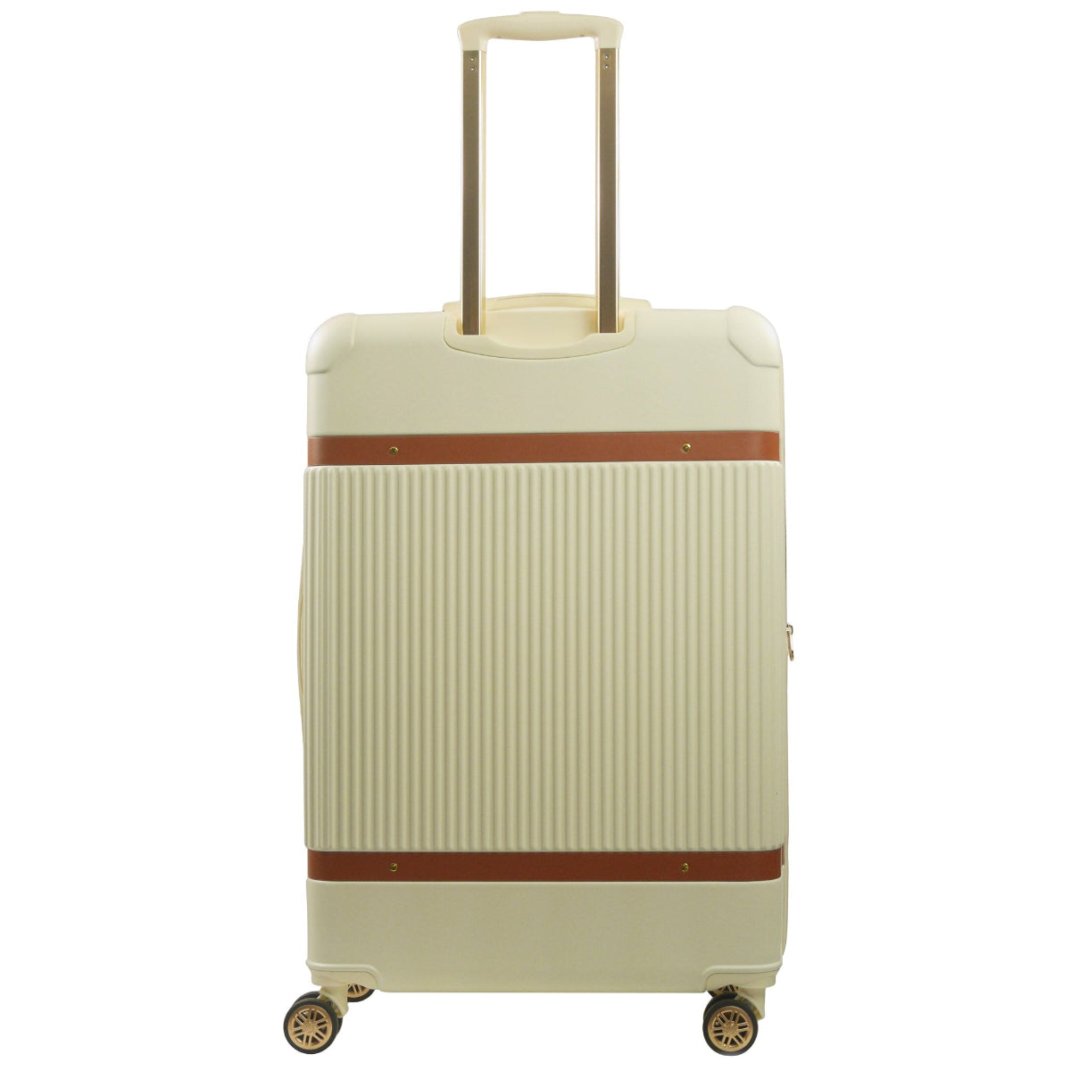 Beige striped 30.5-inch carry-on hardside expandable luggage durable, fast and effort-free transportation with 360° spinner wheels. Officially licensed Tommy Bahama. Back.