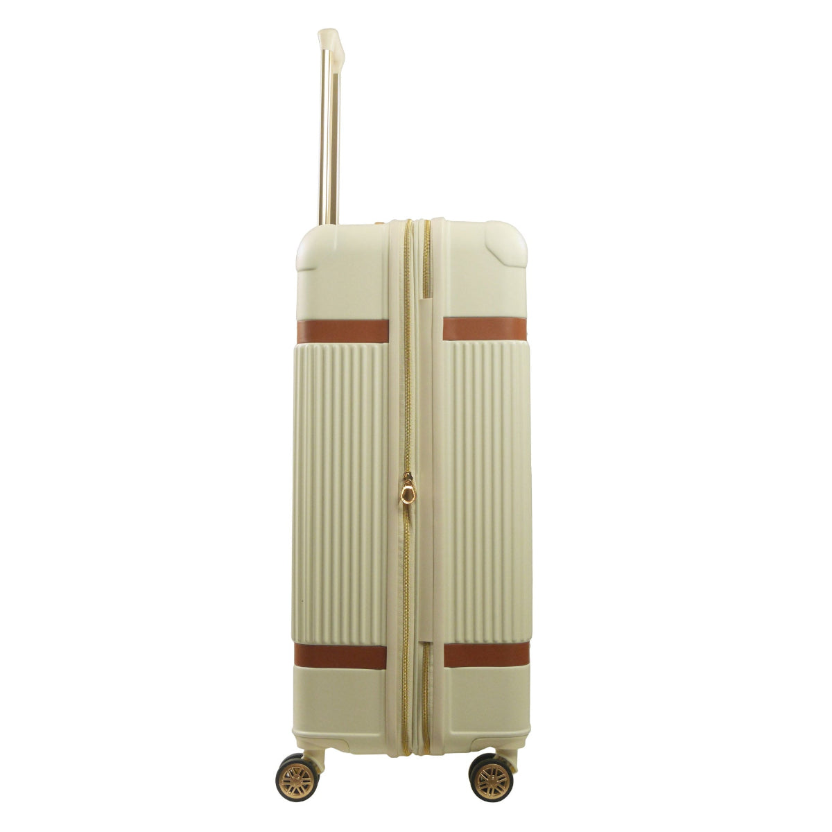 Beige striped 30.5-inch carry-on hardside expandable luggage durable, fast and effort-free transportation with 360° spinner wheels. Officially licensed Tommy Bahama. Side view.