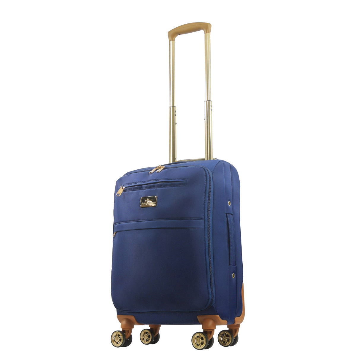 Blue 22 inches soft-sided spinner luggage durable, and easy maneuverability with 360° spinner wheels and gold handle. Officially licensed Tommy Bahama. Angled.