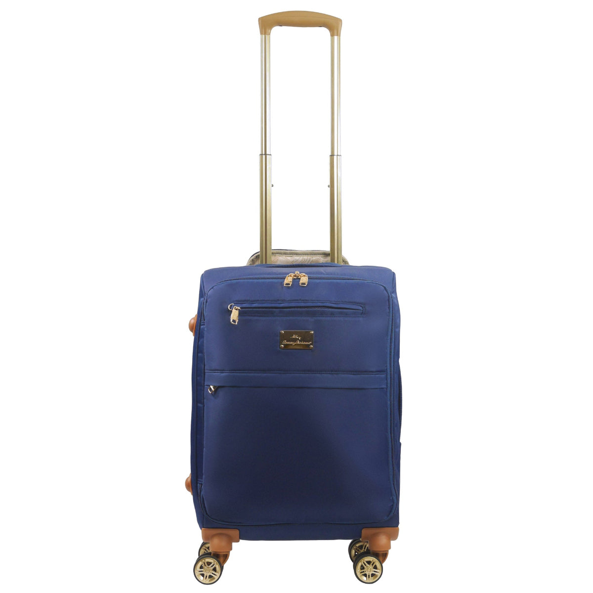 Blue 22 inches soft-sided spinner luggage durable, and easy maneuverability with 360° spinner wheels and gold handle. Officially licensed Tommy Bahama. Front.