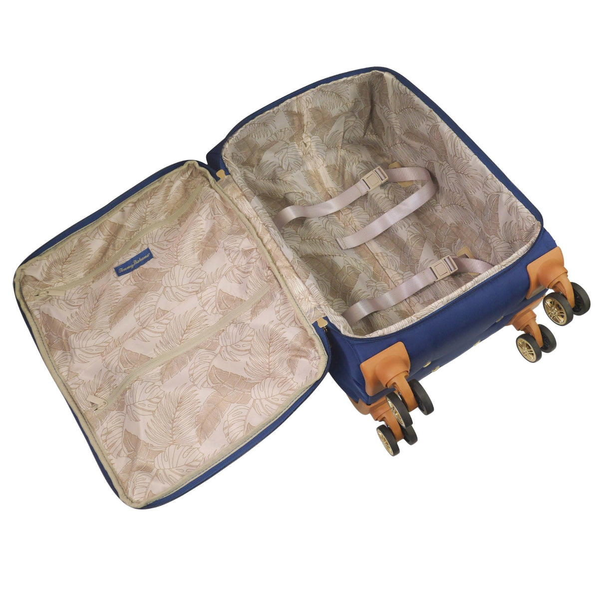 Blue 22 inches soft-sided spinner luggage durable, and easy maneuverability with 360° spinner wheels and gold handle. Officially licensed Tommy Bahama. Inside Capacity.