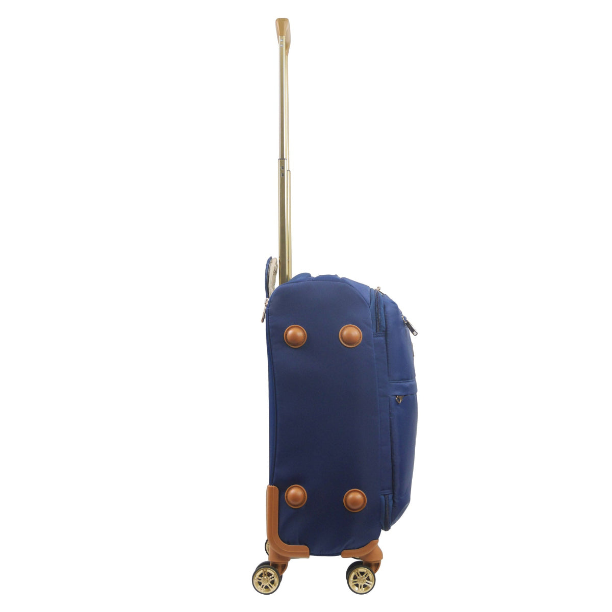 Blue 22 inches soft-sided spinner luggage durable, and easy maneuverability with 360° spinner wheels and gold handle. Officially licensed Tommy Bahama. Side view.