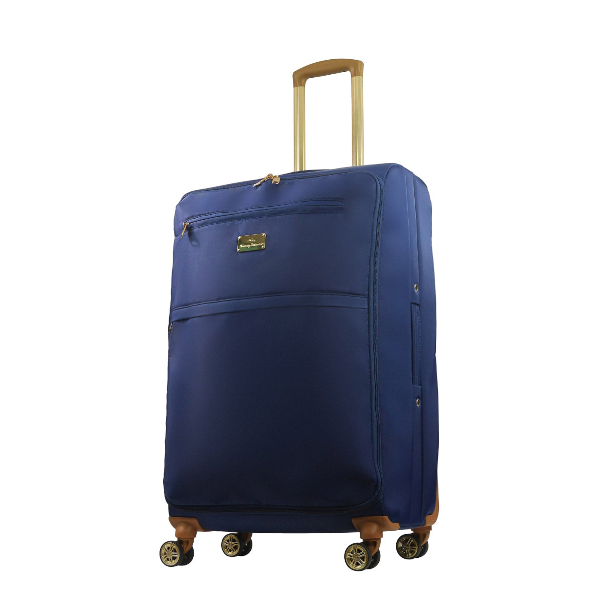 Blue 30 inches soft-sided spinner luggage durable, and easy maneuverability with 360° spinner wheels and gold handle. Officially licensed Tommy Bahama. Angled.