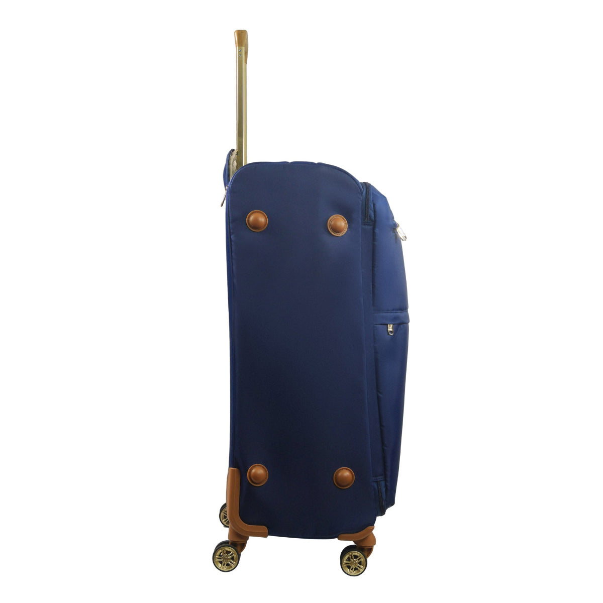 Blue 30 inches soft-sided spinner luggage durable, and easy maneuverability with 360° spinner wheels and gold handle. Officially licensed Tommy Bahama. Side view.