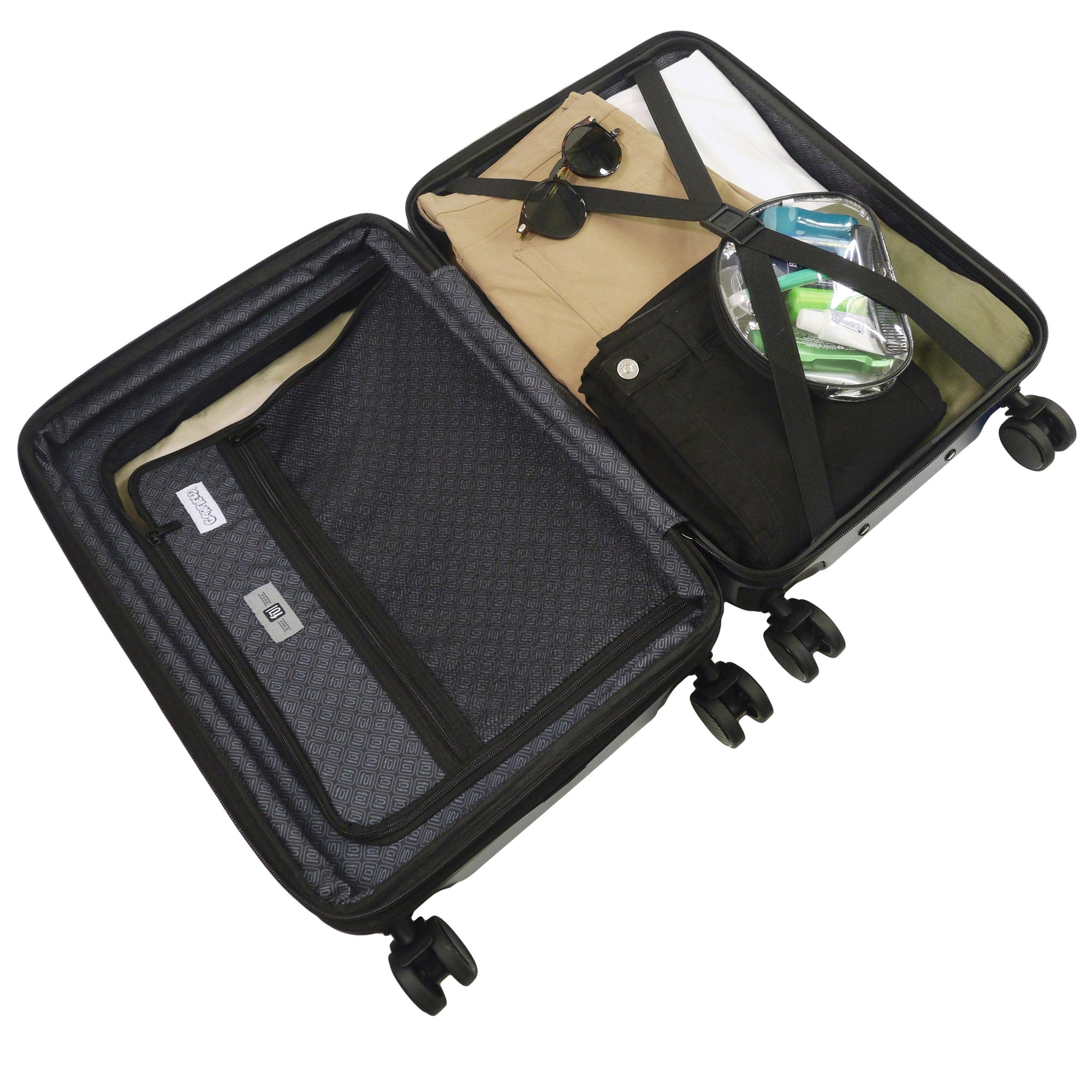 spinner suitcase with interior zip compartment and clothing straps