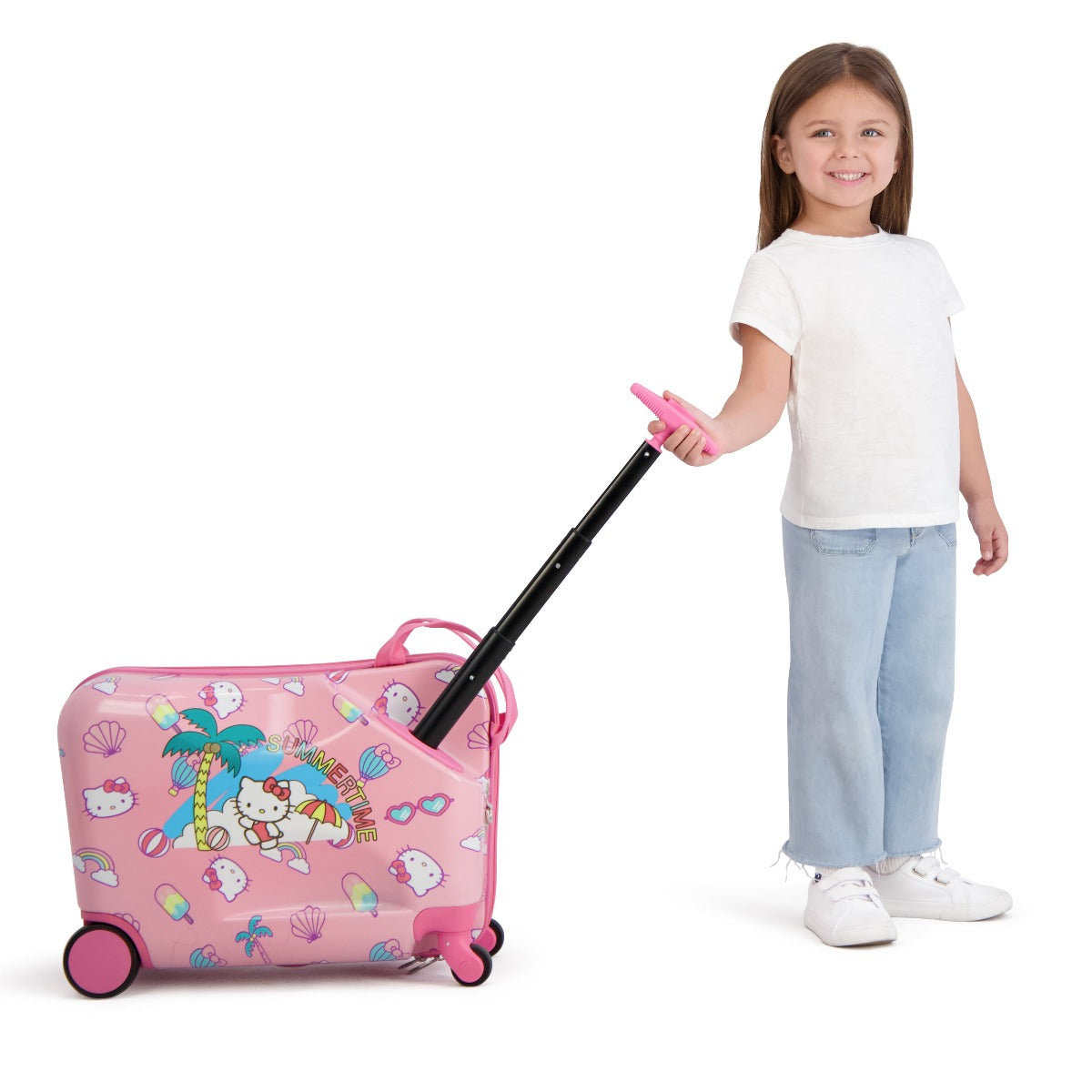 Pink Hello Kitty Summertime Ride-on 14.5 inch spinner suitcase for traveling kids
