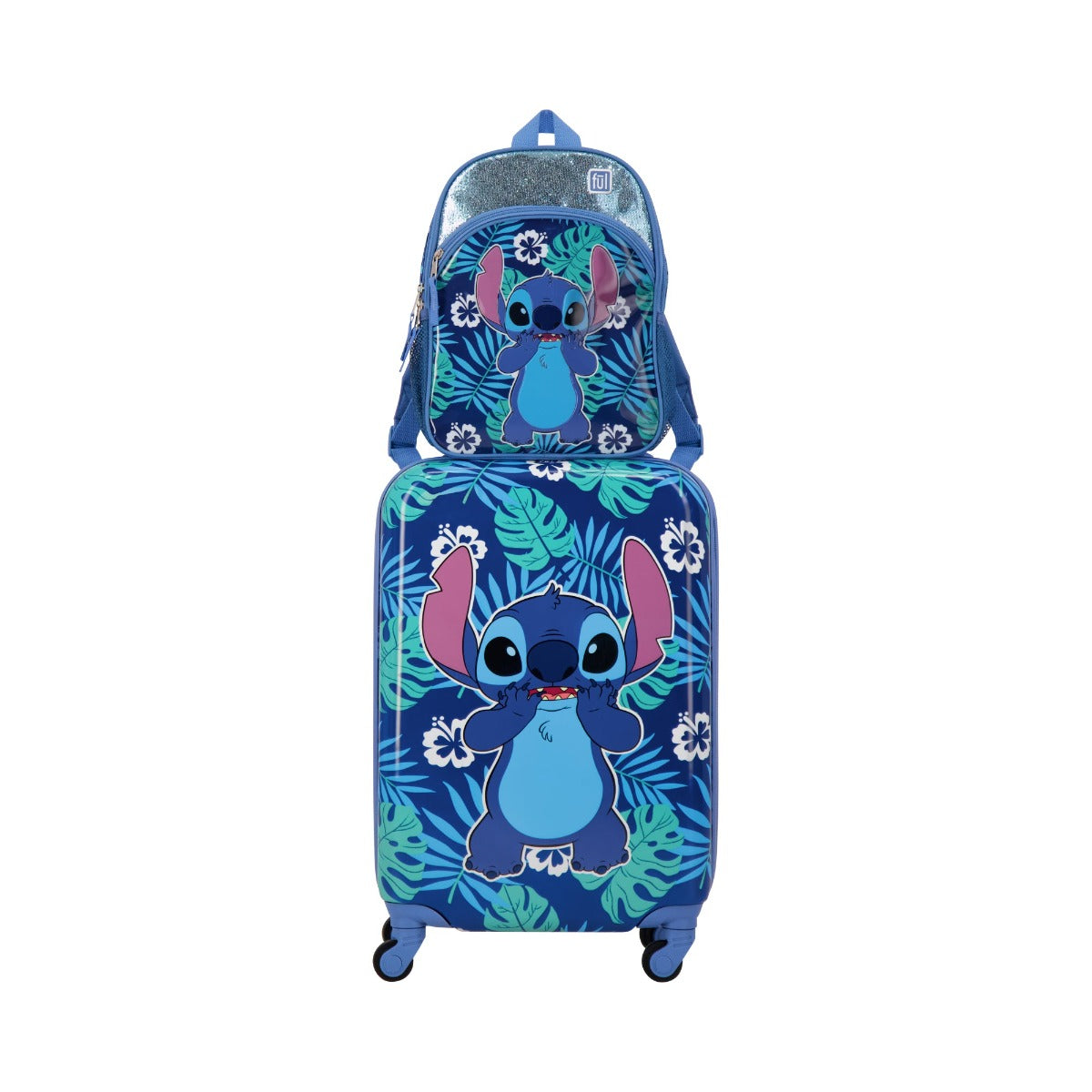 Disney Ful Stitch tropical leaves 2 piece carry-on suitcase backpack set for kids
