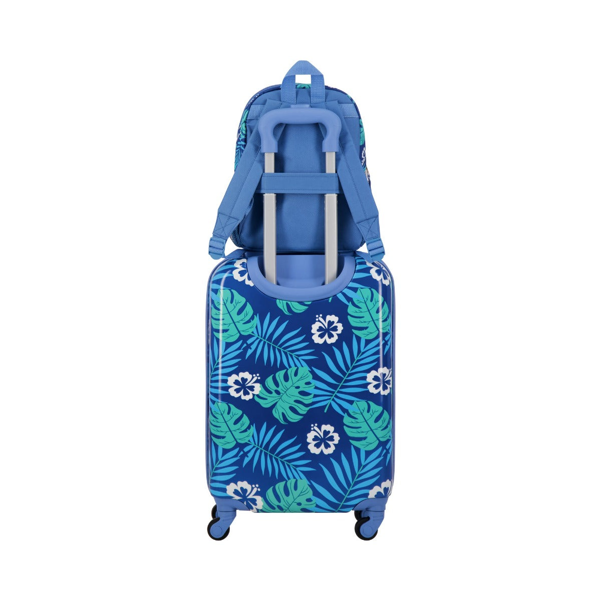 Blue Disney Ful Stitch tropical leaves 2 piece carry-on luggage and backpack set for kids