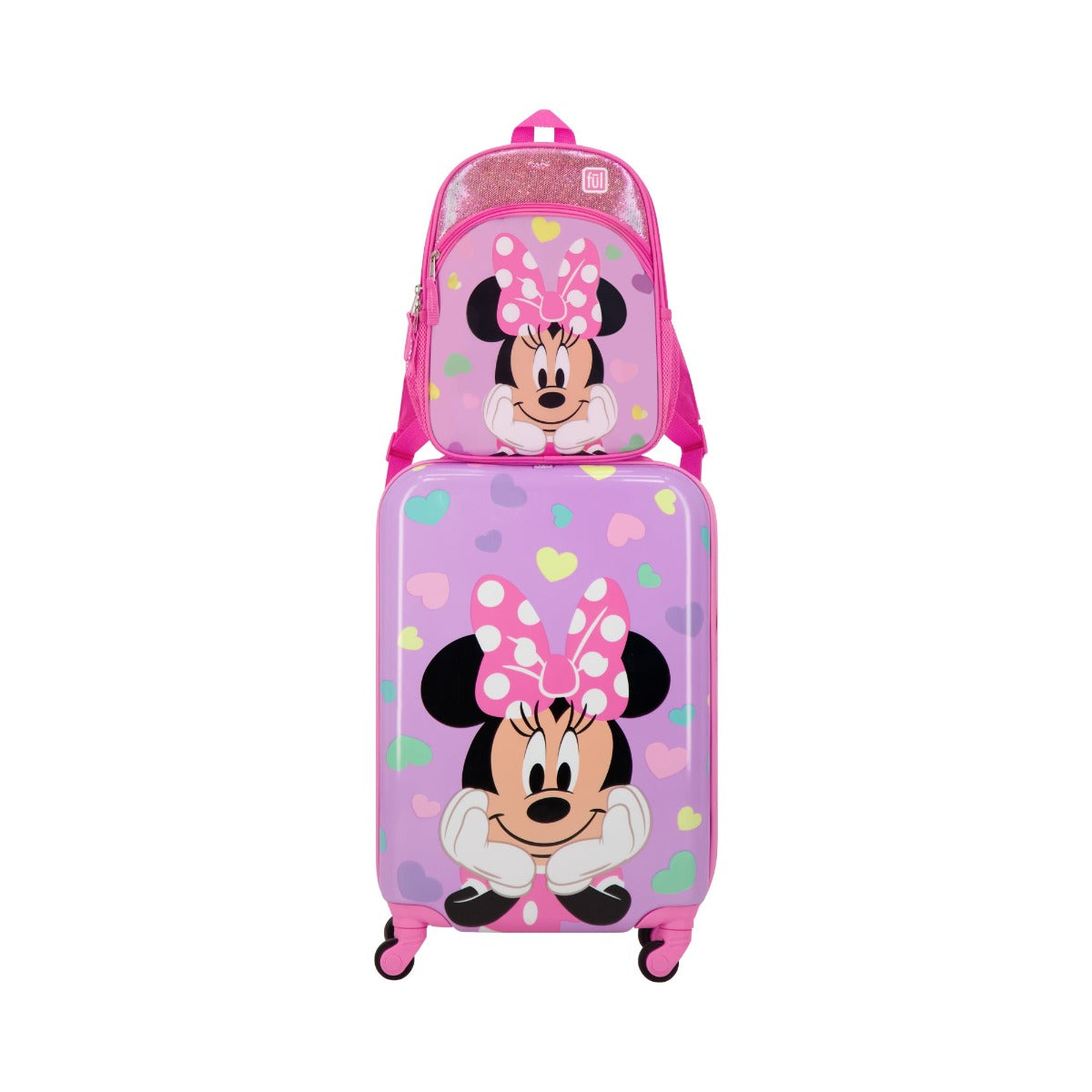 Pink Disney Ful Minnie Mouse hearts all over matching 2 piece set carry-on 21 inch suitcase and 12 inch backpack for kids