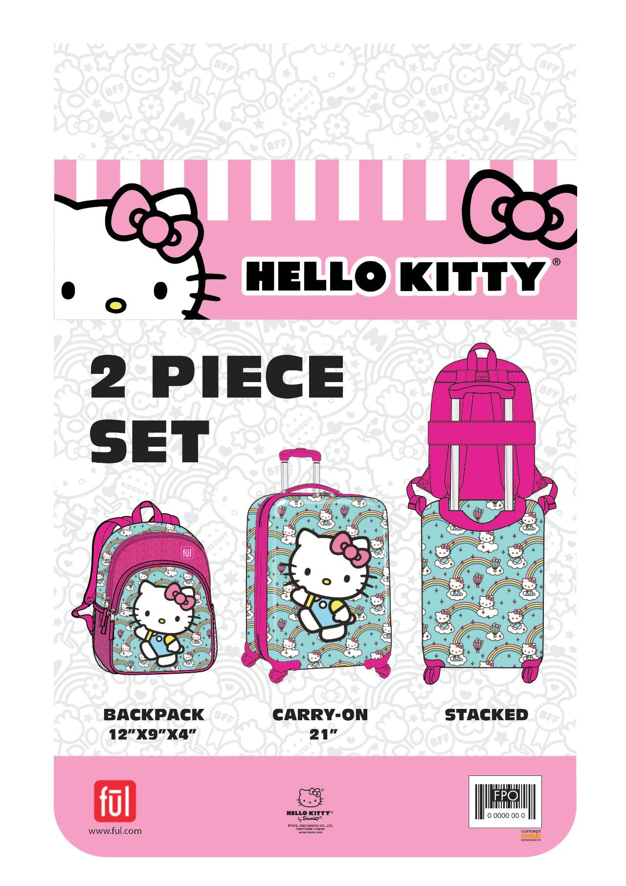 Hello Kitty Ful Rainbows matching 2 piece set with carry-on spinner 21" suitcase and 13" underseat backpack for kids