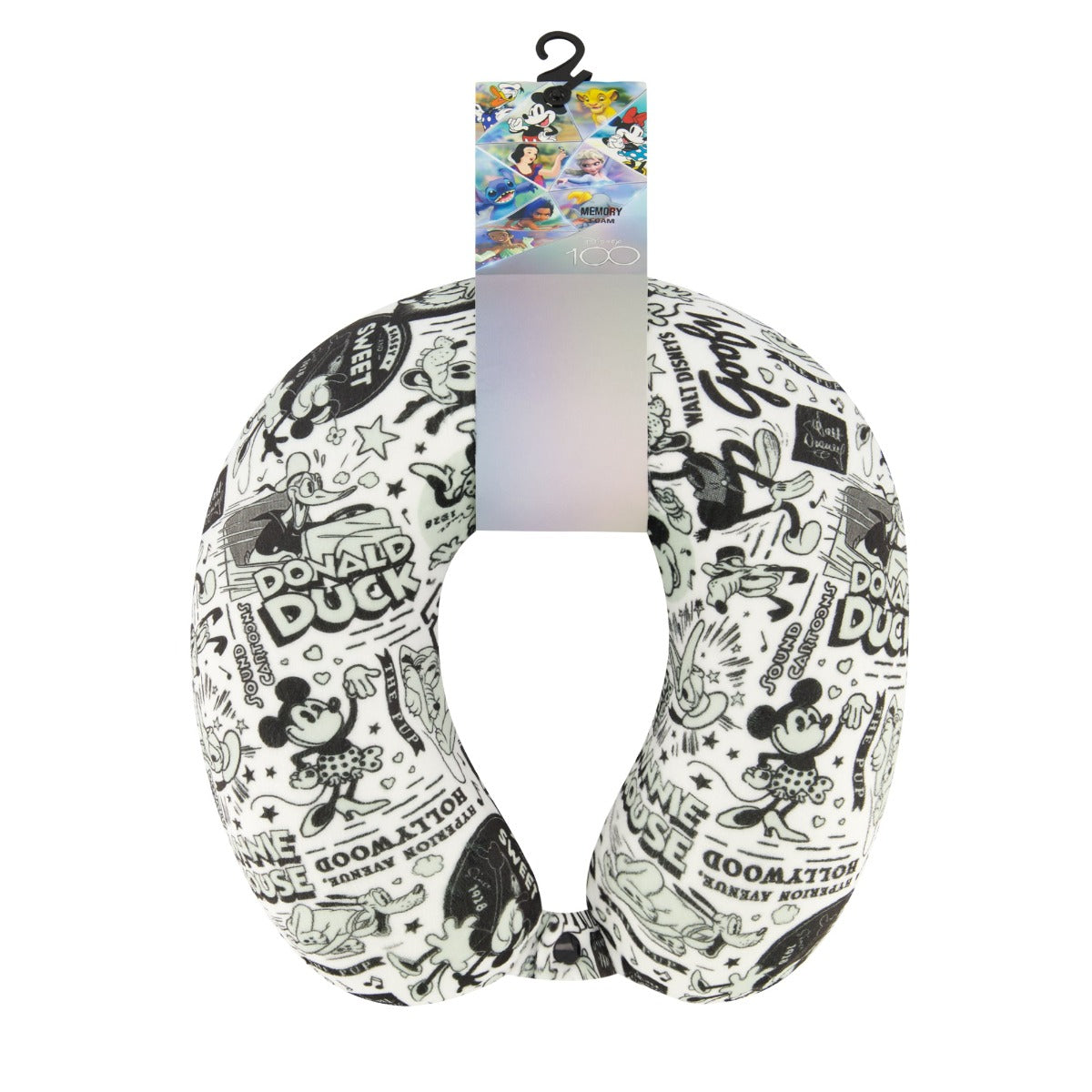 Black white print Ful Disney 100 year anniversary characters all over best travel neck pillow 