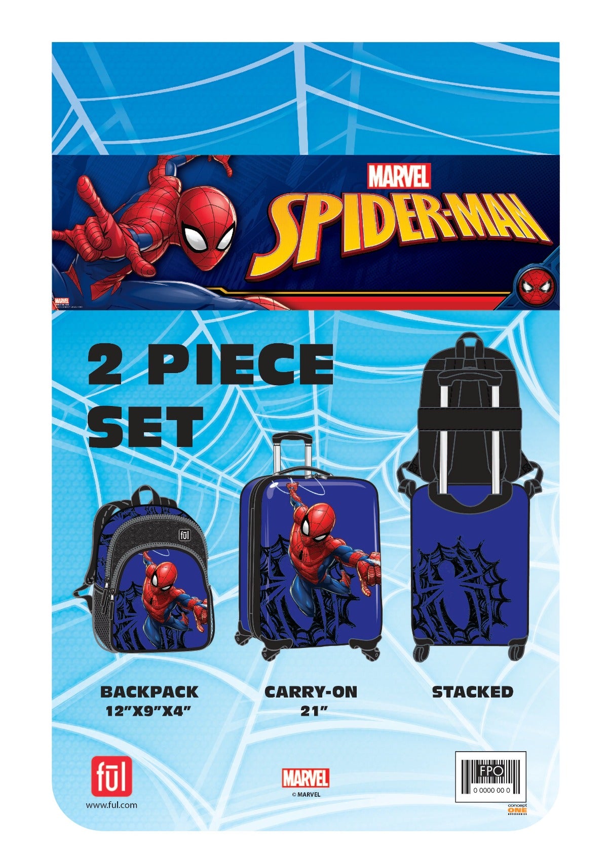 Blue Ful Marvel Spiderman Web matching 2 piece set - 21" carry-on suitcase 13" under seat backpack