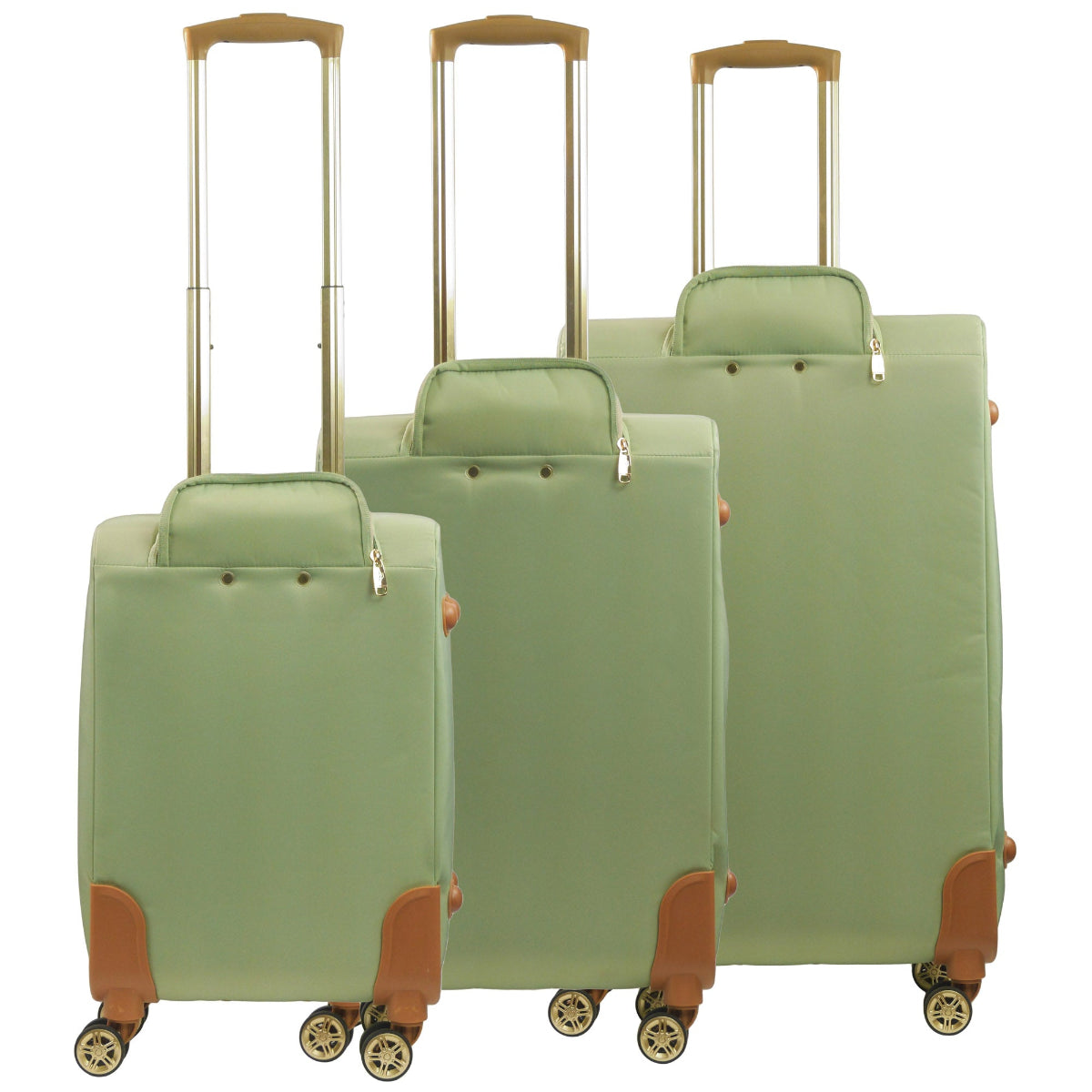 Green 3-piece soft-sided spinner luggage suitcase set durable, and easy maneuverability with 360° spinner wheels and gold handle. Officially licensed Tommy Bahama. Back view.