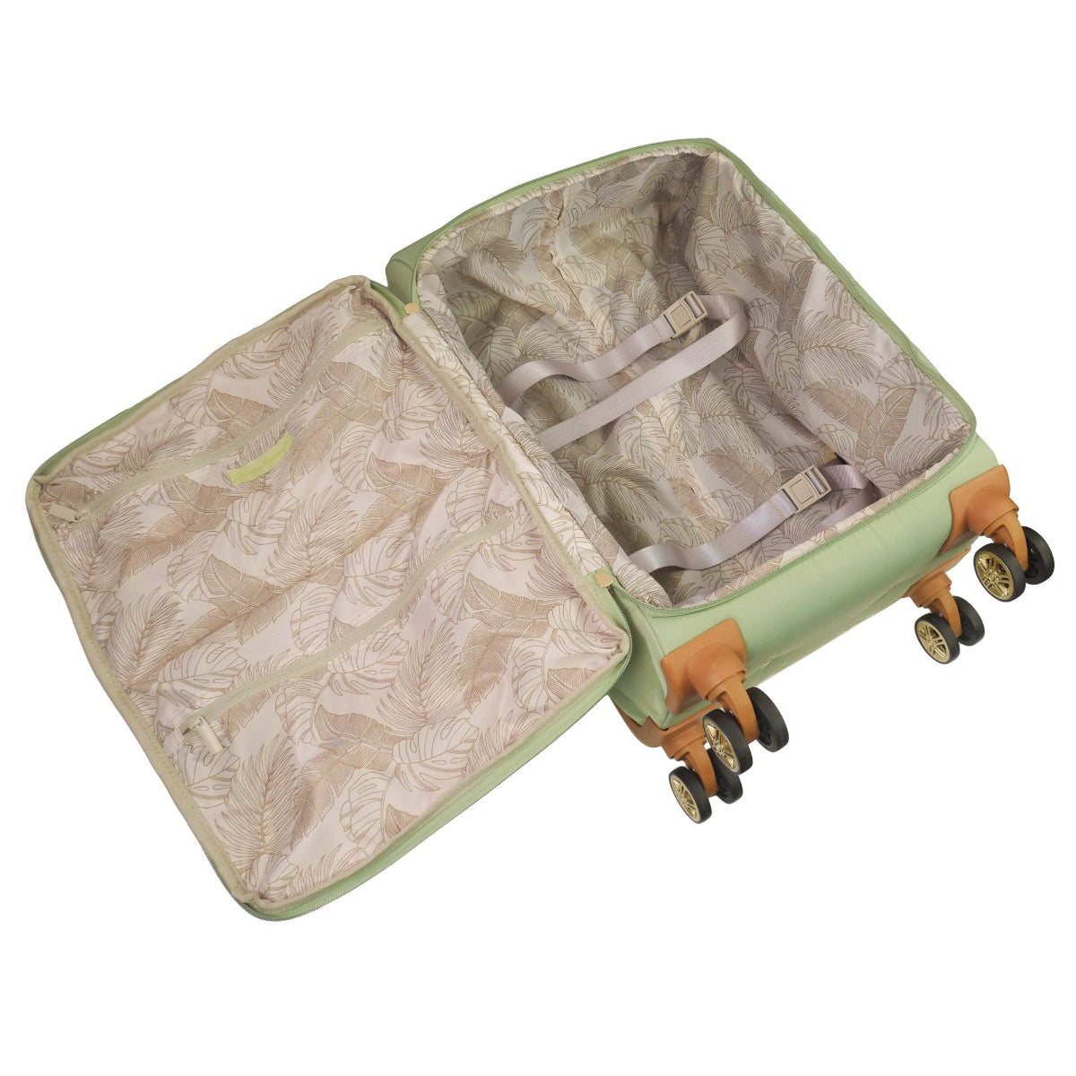 Green 3-piece soft-sided spinner luggage suitcase set durable, and easy maneuverability with 360° spinner wheels and gold handle. Officially licensed Tommy Bahama. Interior.