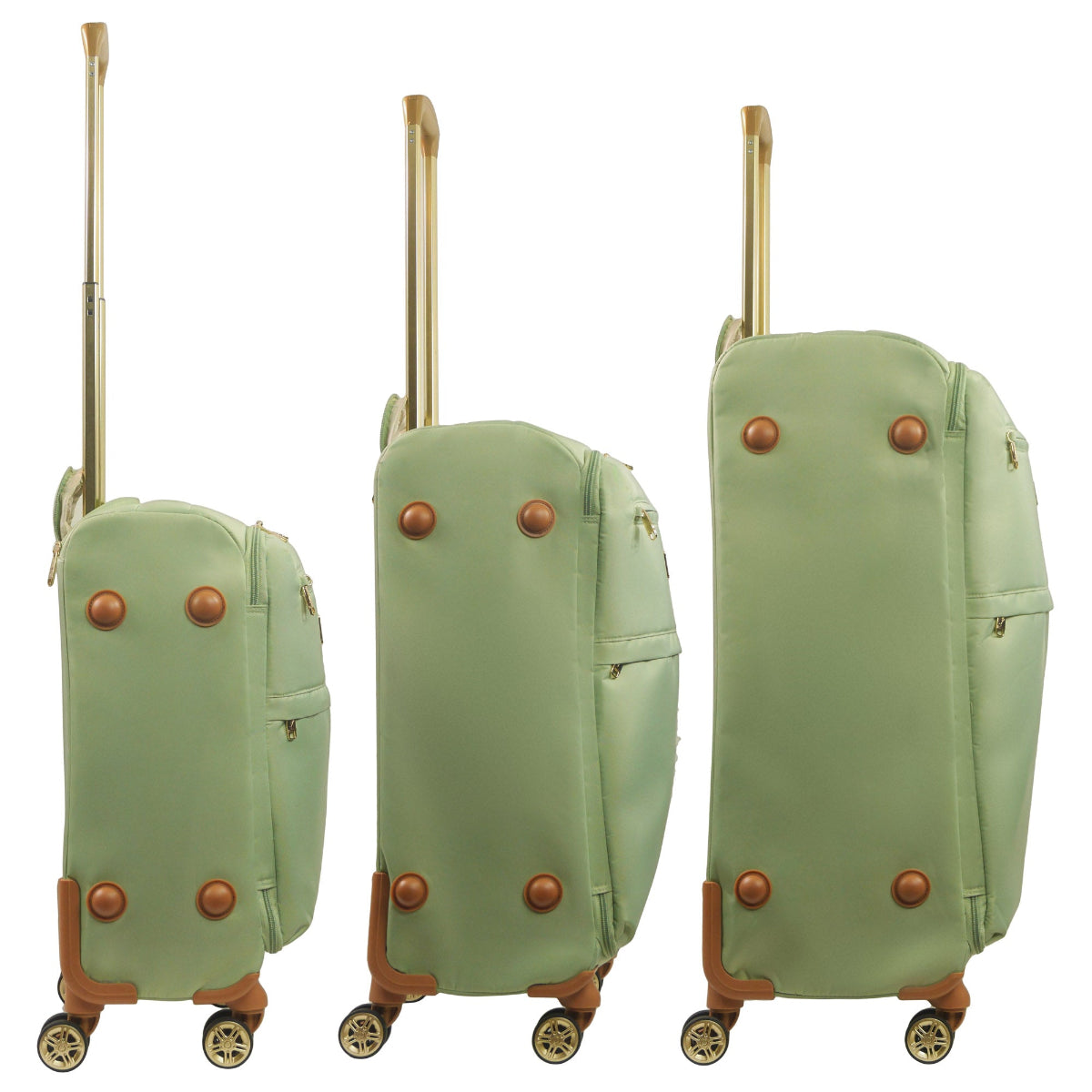 Green 3-piece soft-sided spinner luggage suitcase set durable, and easy maneuverability with 360° spinner wheels and gold handle. Officially licensed Tommy Bahama. Side view.