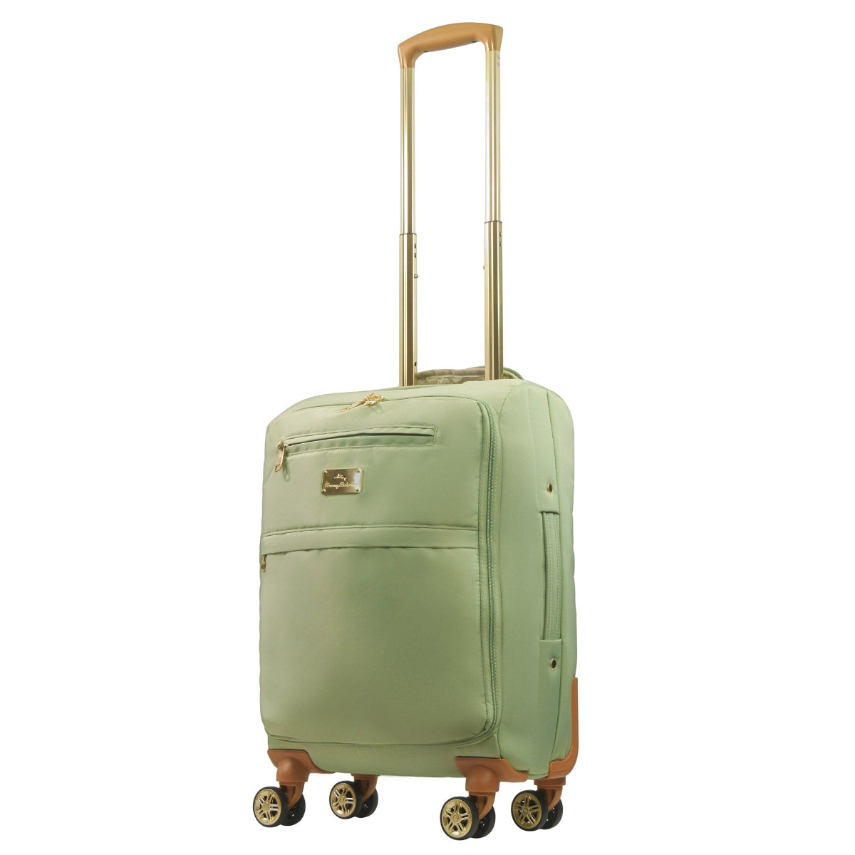 Green 22 inches soft-sided spinner luggage durable, and easy maneuverability with 360° spinner wheels and gold handle. Officially licensed Tommy Bahama. Angled.