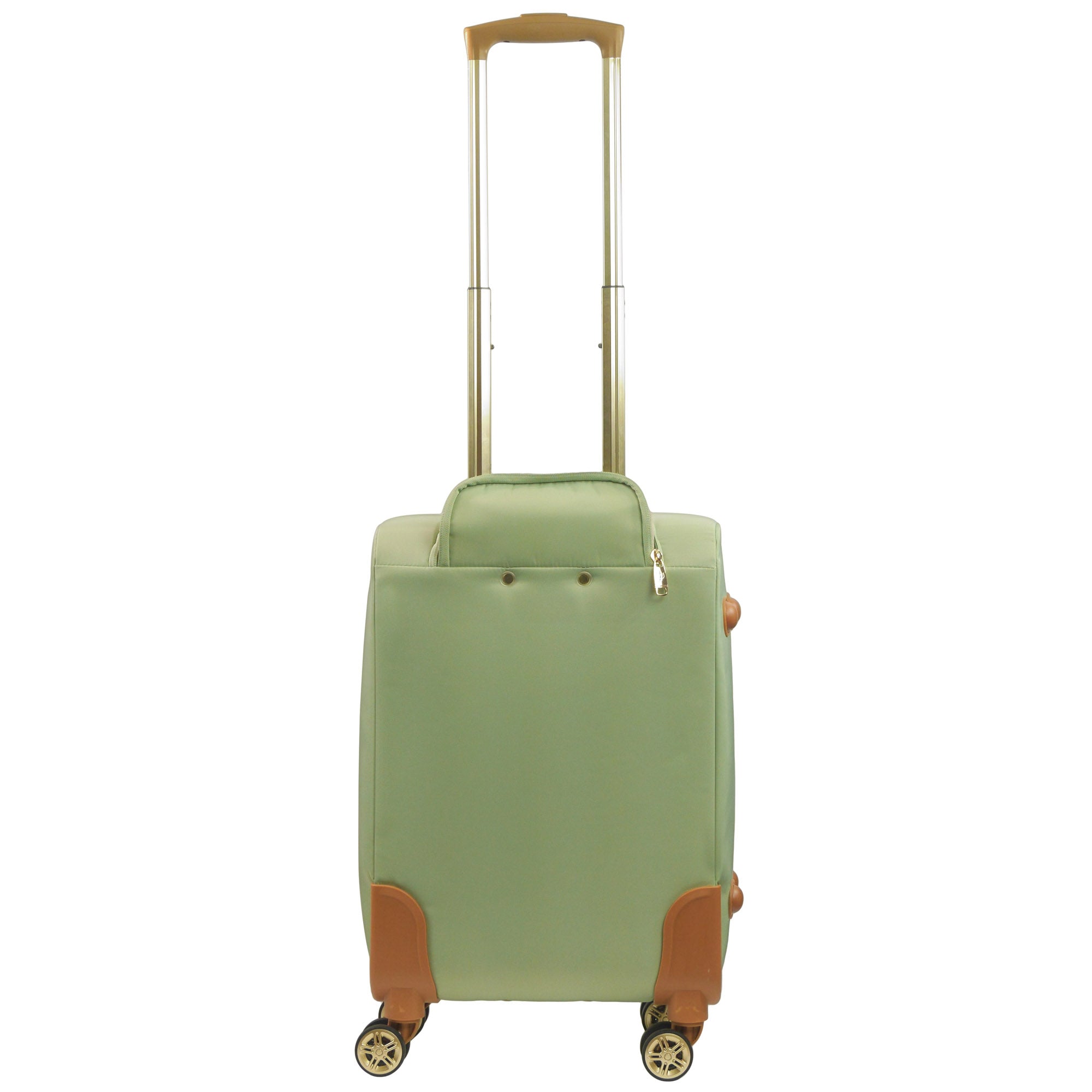 Green 22 inches soft-sided spinner luggage durable, and easy maneuverability with 360° spinner wheels and gold handle. Officially licensed Tommy Bahama. Back.