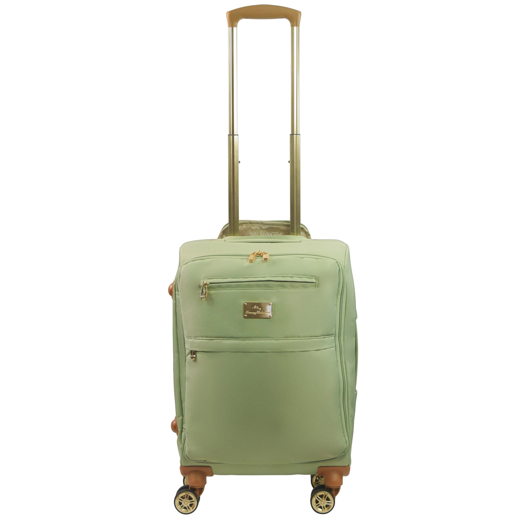 Green 22 inches soft-sided spinner luggage durable, and easy maneuverability with 360° spinner wheels and gold handle. Officially licensed Tommy Bahama. Front.