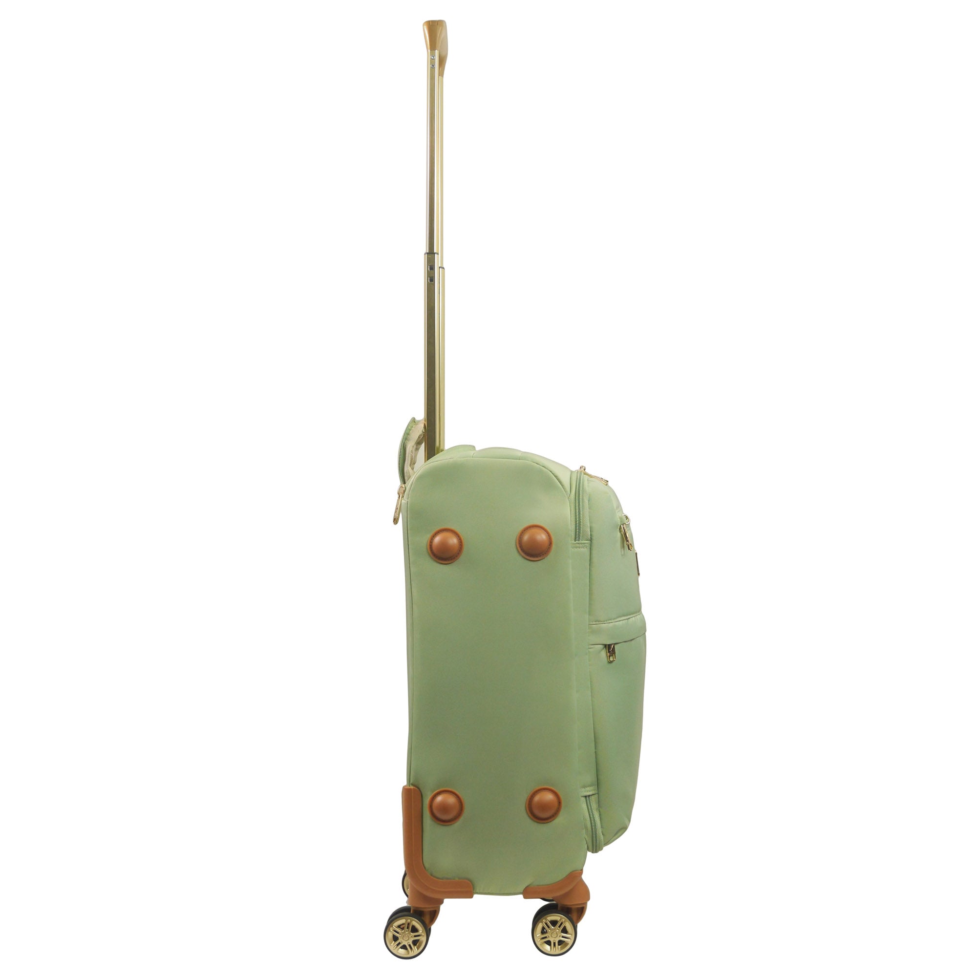 Green 22 inches soft-sided spinner luggage durable, and easy maneuverability with 360° spinner wheels and gold handle. Officially licensed Tommy Bahama. Side View.