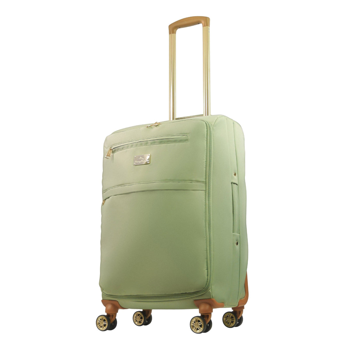 Green 26 inches soft-sided spinner luggage durable, and easy maneuverability with 360° spinner wheels and gold handle. Officially licensed Tommy Bahama. Angled.