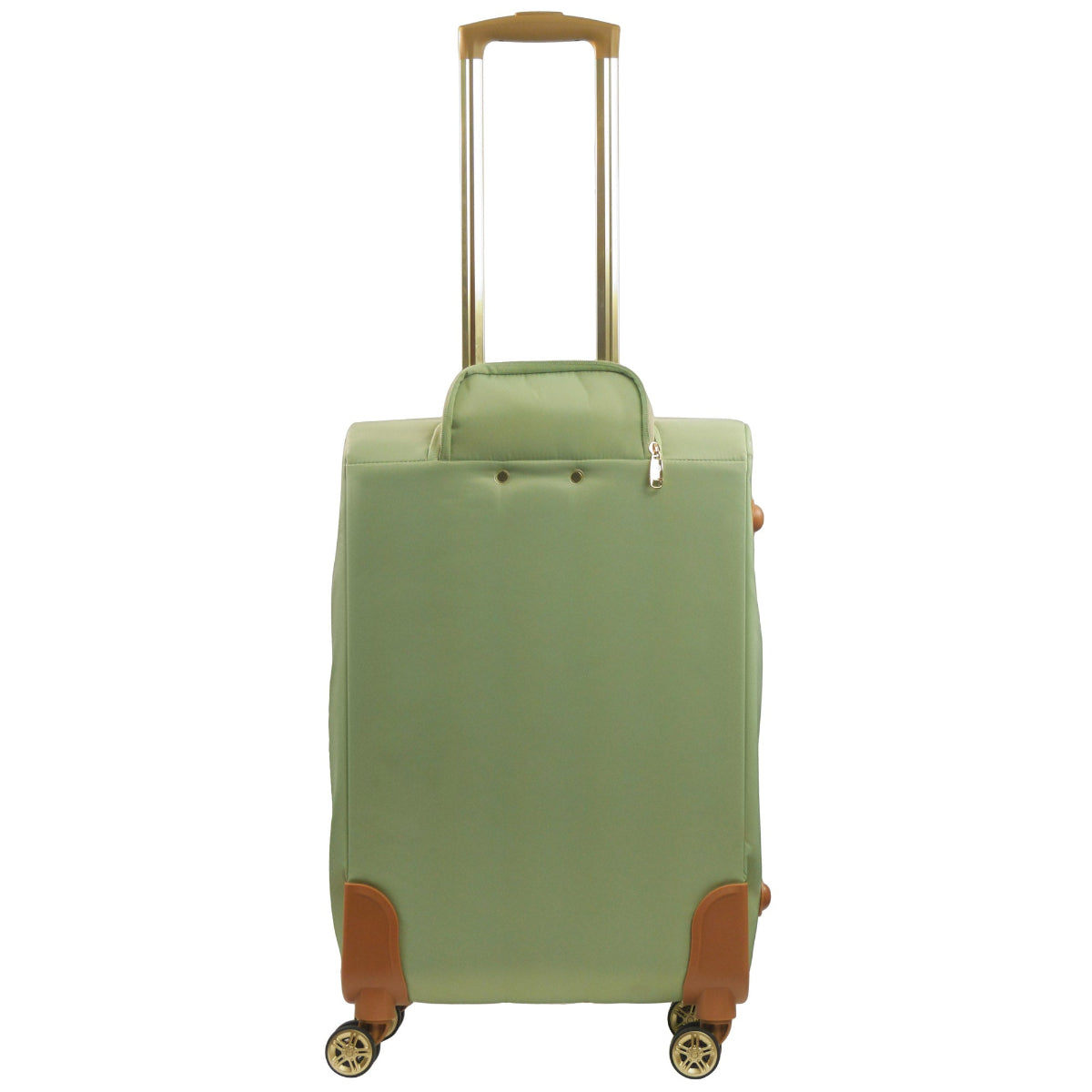 Green 26 inches soft-sided spinner luggage durable, and easy maneuverability with 360° spinner wheels and gold handle. Officially licensed Tommy Bahama. Back view.